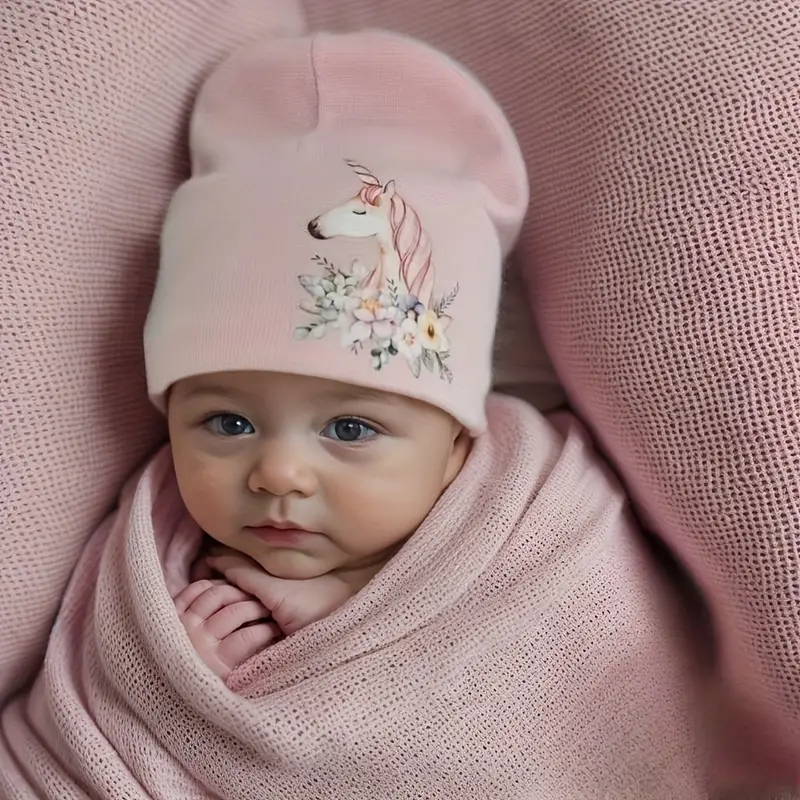 1pc Bonnet De Bébé Fille Avec Imprimé Fleur De Licorne, Joli