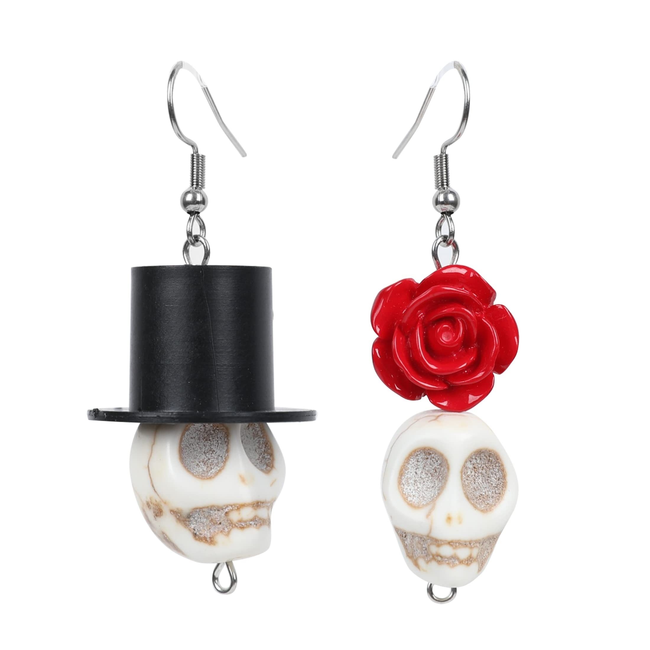 Gothic Skull & Rose Earrings Halloween Resin Crafted Iron Hooks