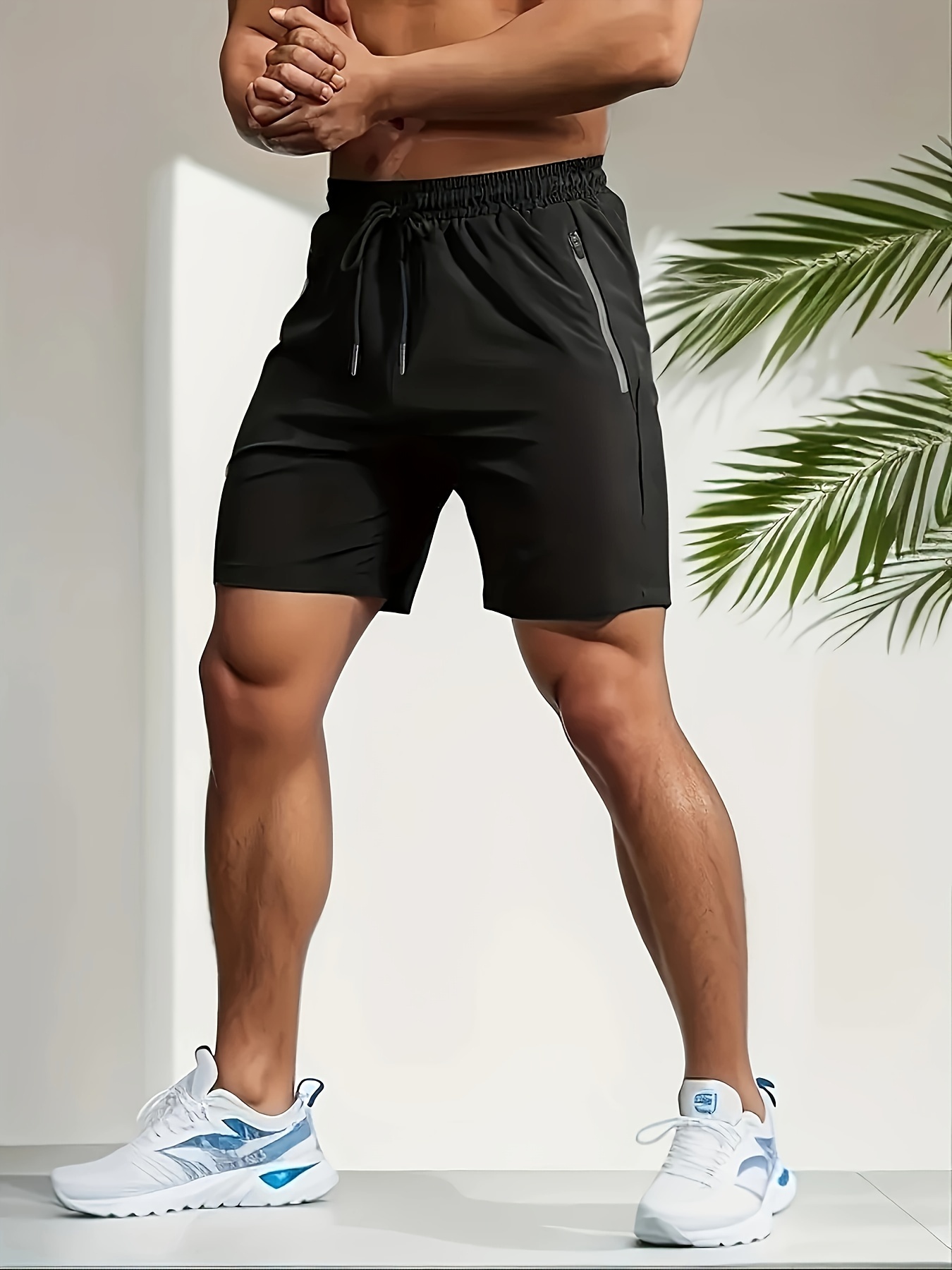 Men's Casual Black Drawstring Shorts with Zipper Pockets - Lightweight Polyester, Letter Print, Ideal for Summer Workouts & Beach Activities