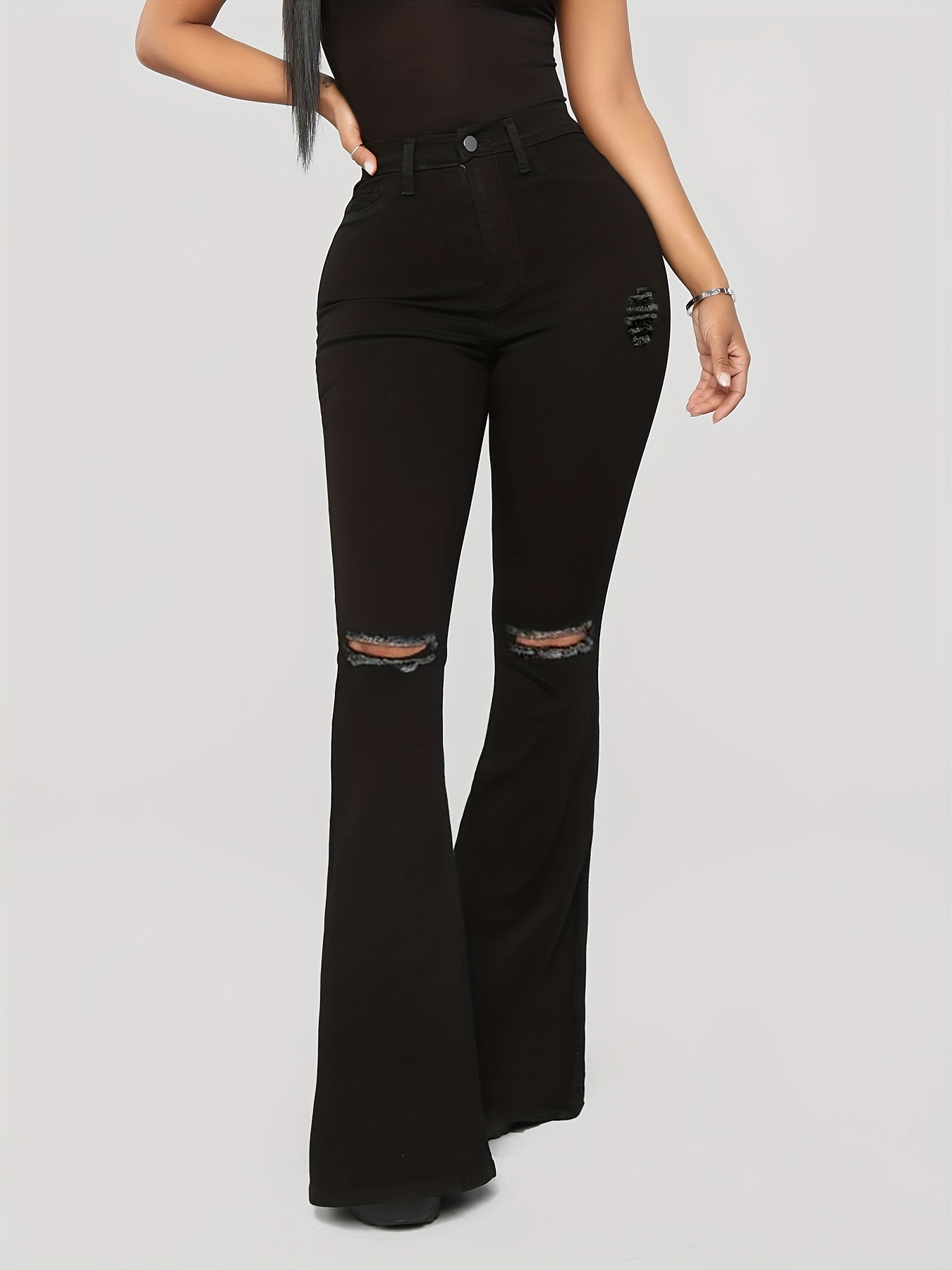 Women's Curvy High-Rise Ripped Black Flare Jeans, Women's Bottoms