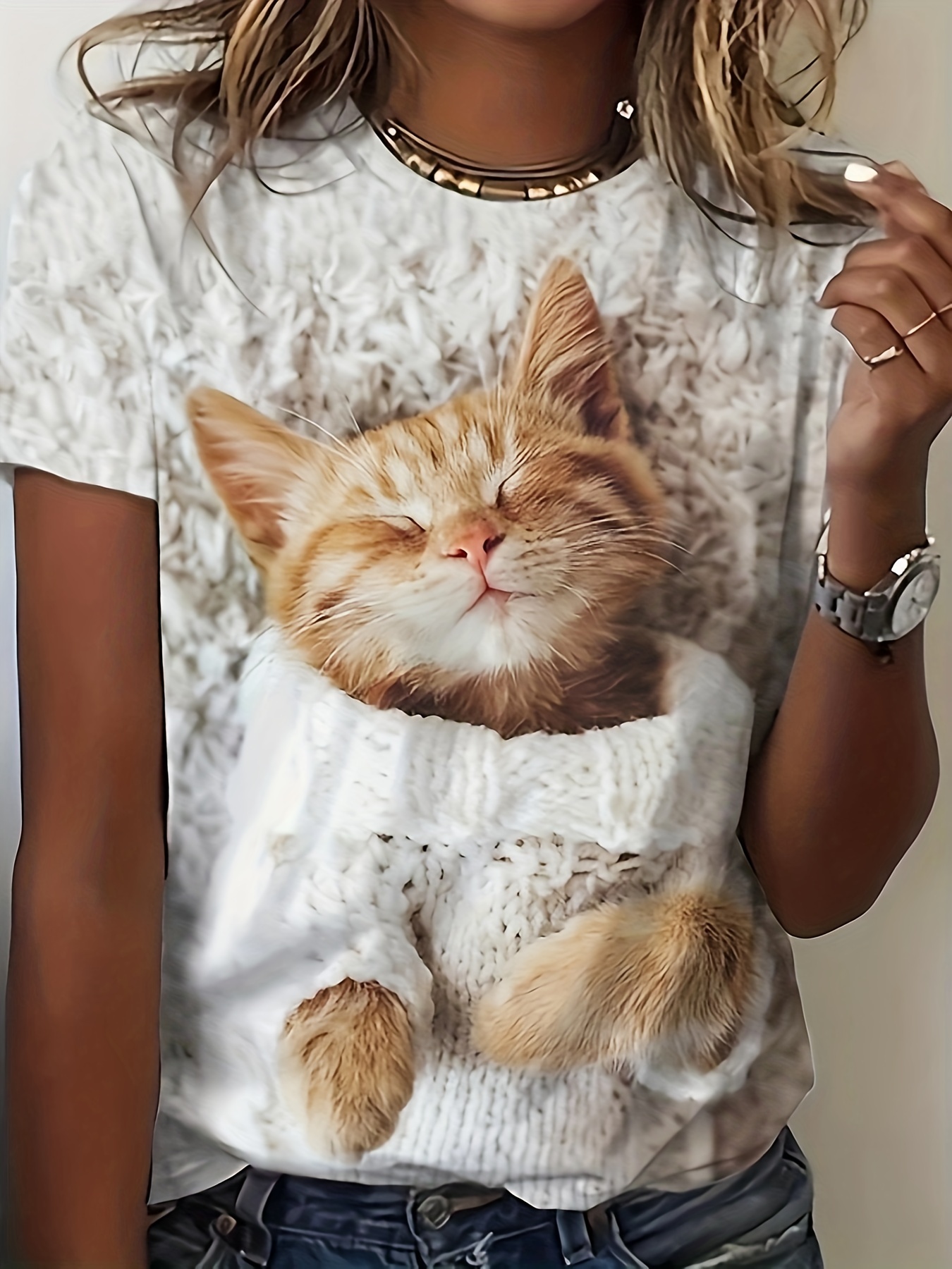 Cute Cat Print Tee Casual Short Sleeve Crew Neck T Temu 