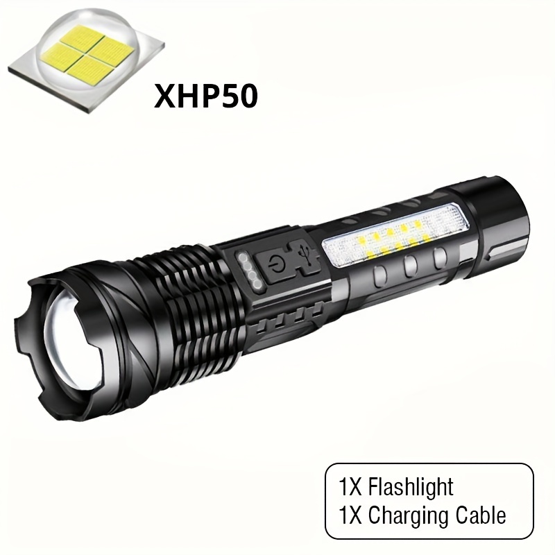  Linterna pequeña y potente, recargable por USB, linternas LED  impermeables con chip LED Xhp50.2, luz lateral mazorca y caja de baterías :  Herramientas y Mejoras del Hogar