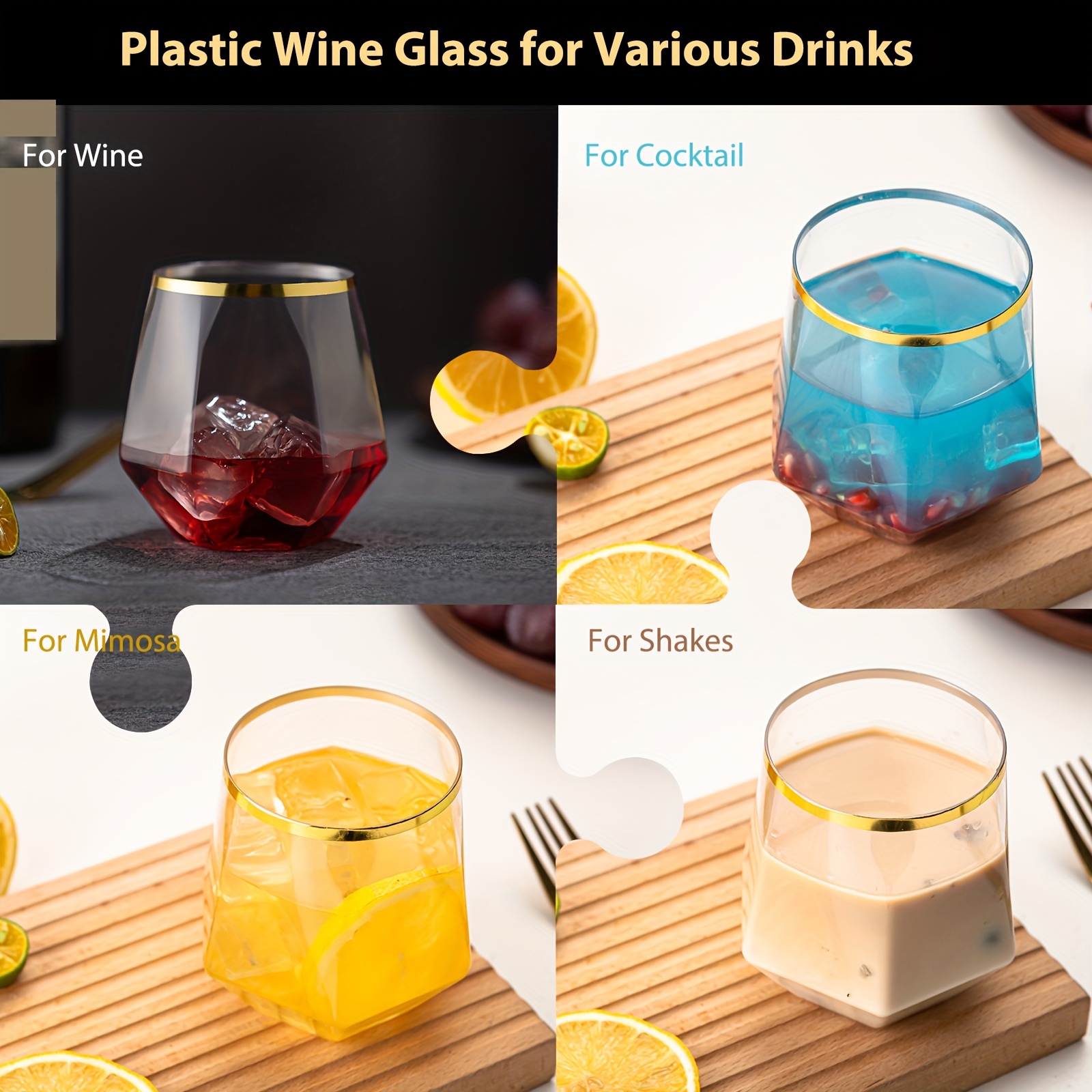 12 oz. Clear with Gold Rim Hexagonal Stemless Plastic Wine Goblets