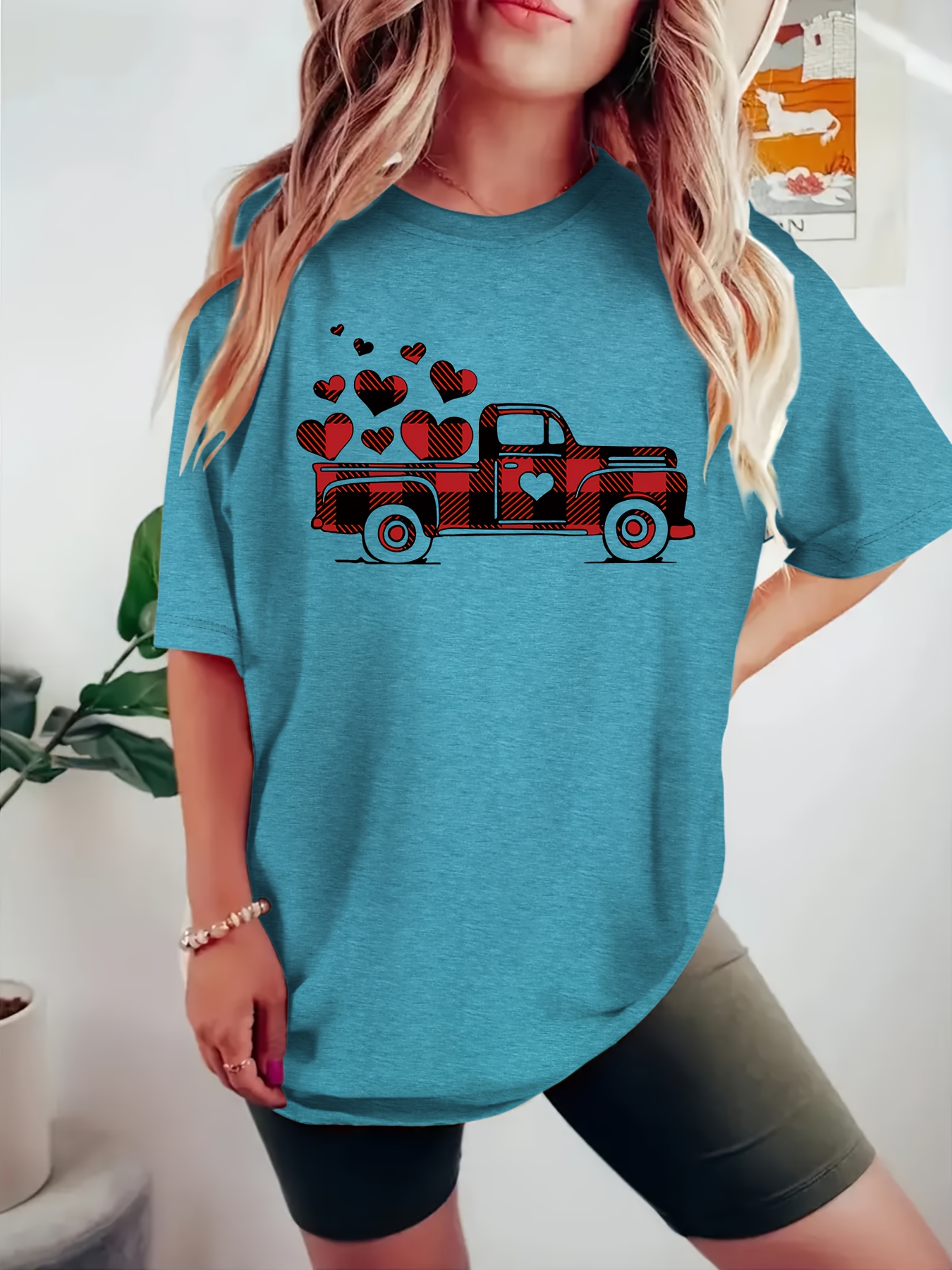 Plus Size Heart Print T shirt Valentine's Day Crew Neck - Temu