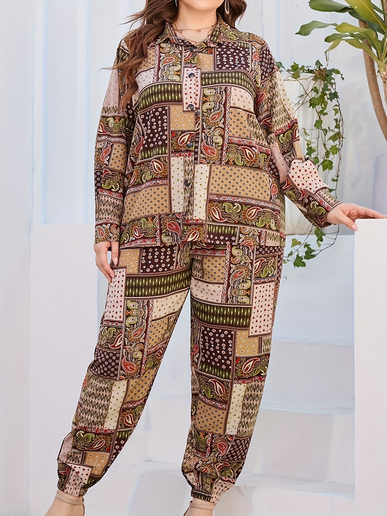 Plus Size Boho Outfits Set Women's Plus Arabesque Print Half