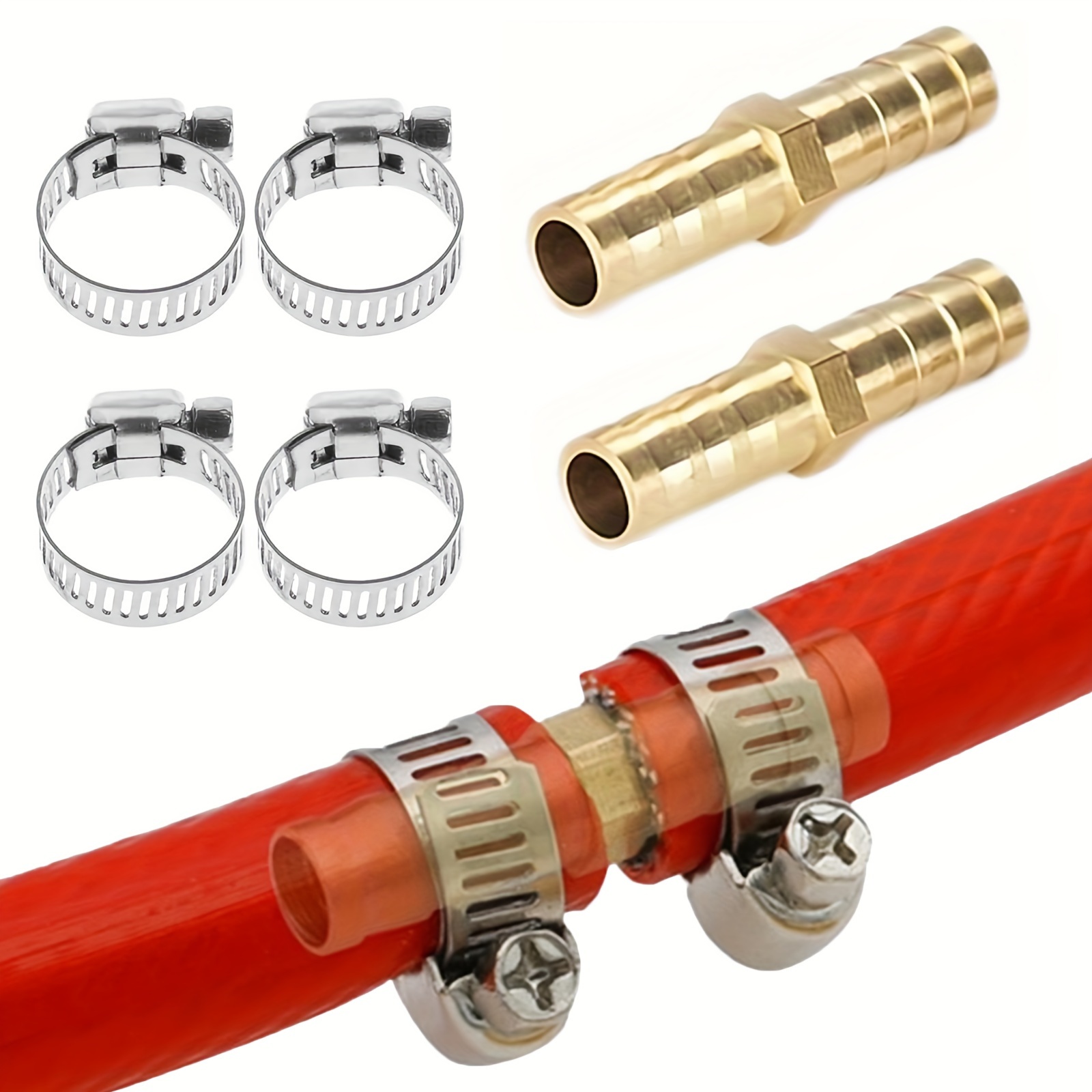 

2 Sets, Brass Hose Barb Fitting Metals Splicer Mender With 4pc 304 Stainless Steel Clamps, Garden Water Pipe Connector Pagoda Double Pass For Air/water/fuel/oil, Straight, Two-way