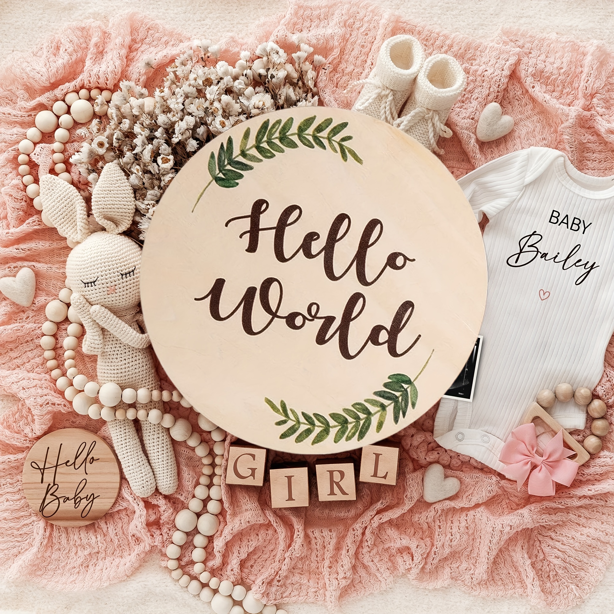 Ensemble de panneaux d'annonce de naissance pour bébé, 15 cm Hello World en  bois double face avec tampon encreur et stylo à fabriquer pour nom de