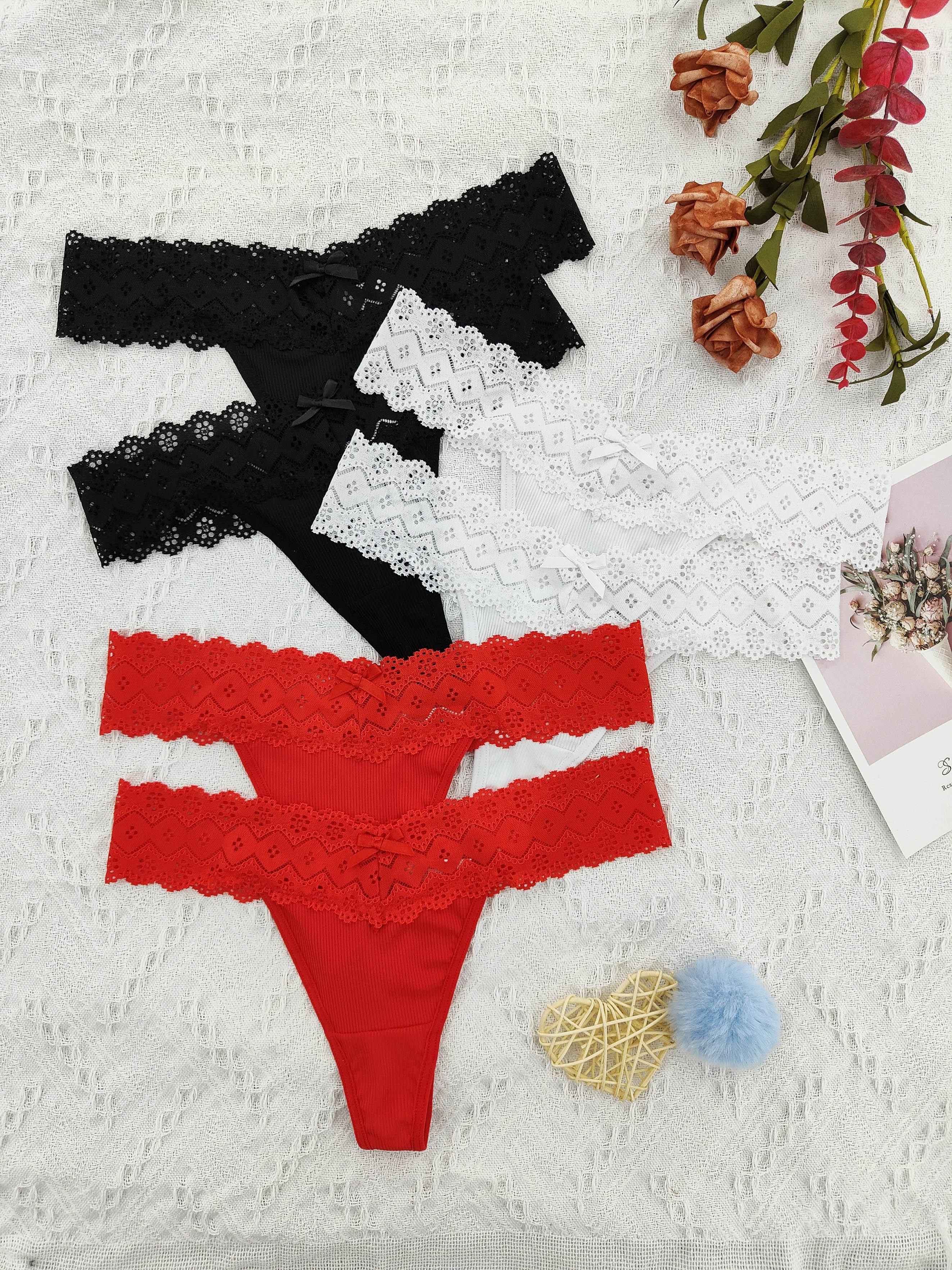 Lace Stitching Bow Thongs Comfy Breathable Intimates Panties - Temu