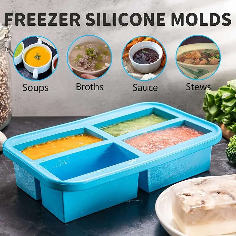 Silicone Freezer Tray With Lid - Silicone Freezer Food Molds- Large Ice  Cube Tray,Silicone Freezer Container,Freeze & Store Soup, Sauce