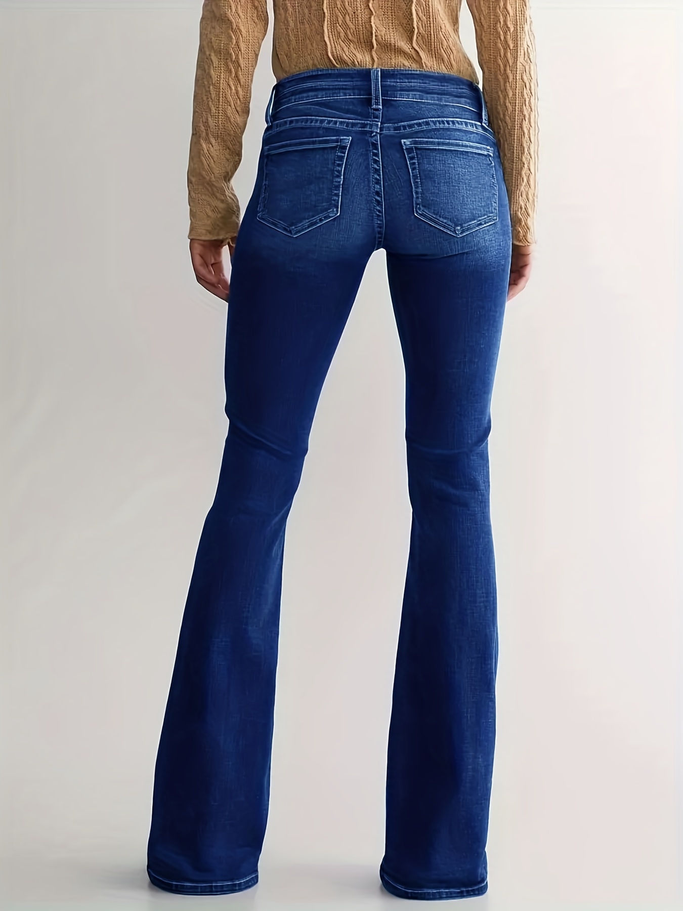 Jeans Acampanados Lavados Con Doble Botón, Jeans Acampanados Con Bolsillos  Inclinados De Elasticidad Media, Jeans Y Ropa De Mezclilla Para Mujer