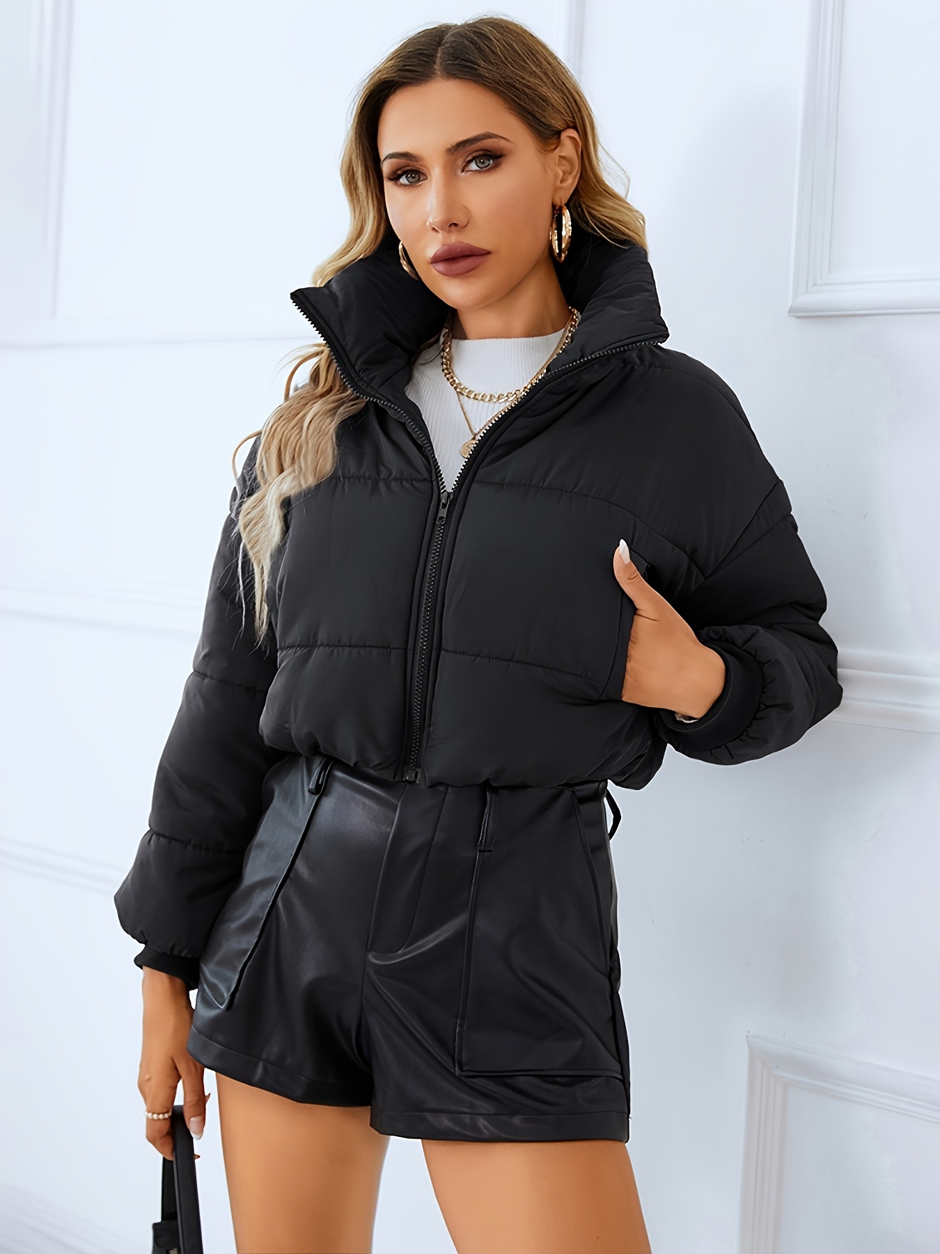 Women's Cropped Puffer Jacket Padded Coat Winter Long Sleeve Crop Short  Jacket