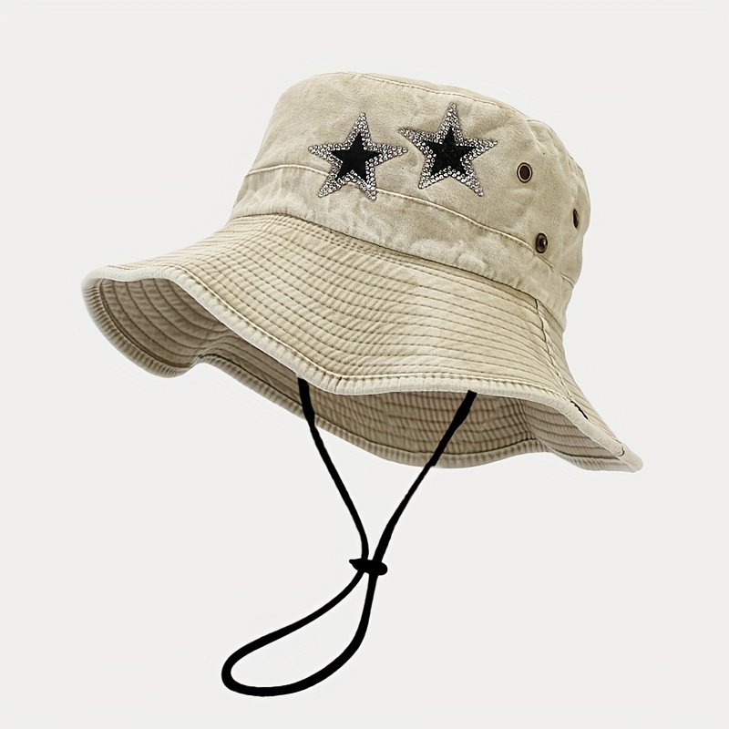 Sun Hat Cotton Washed Boonie Hat With String Rhinestones Star