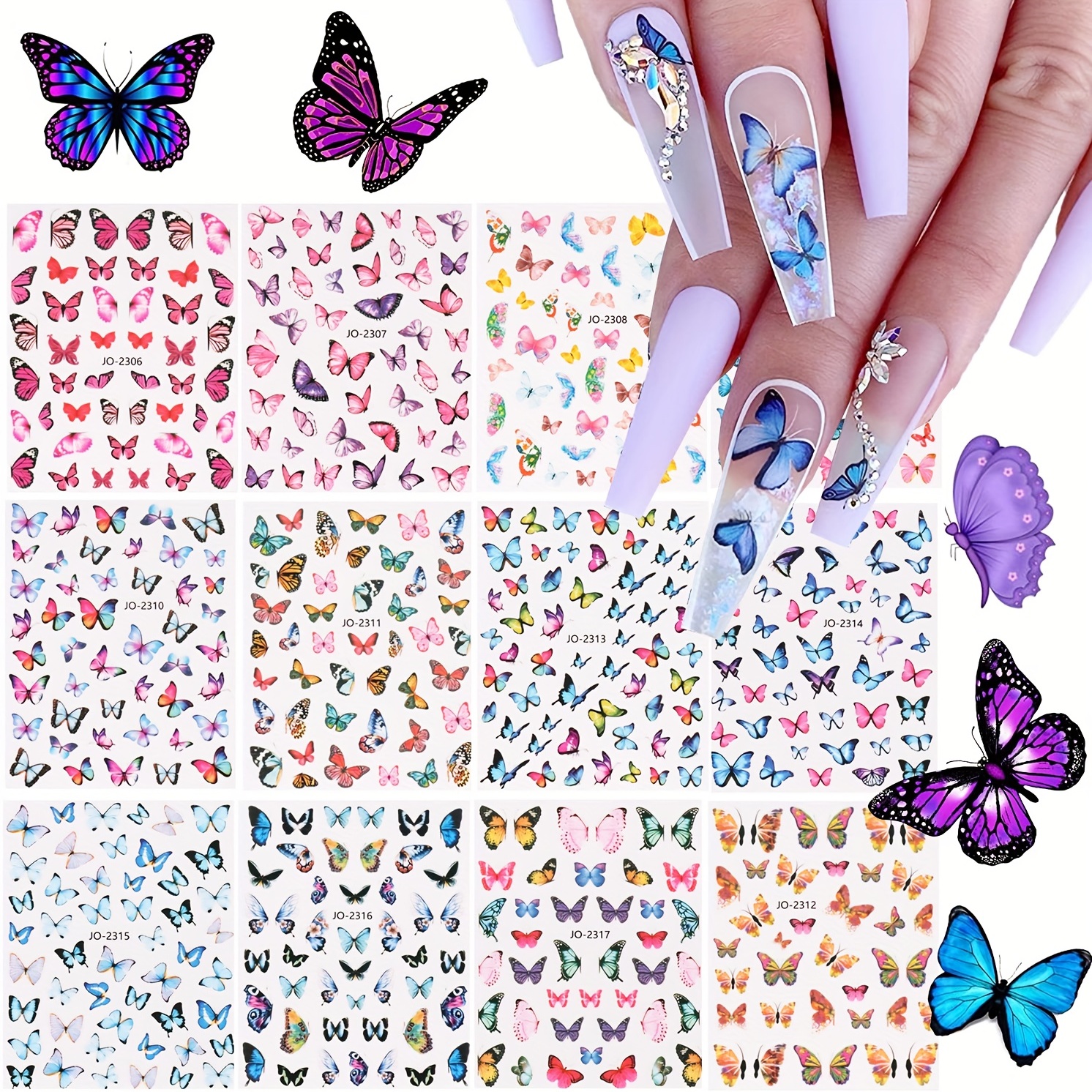

12 Sheets, Colorful Butterfly Nail Art Stickers - Self-adhesive Decals For Diy Manicure With Beautiful Butterfly Designs - Perfect Nails Supplies For A Stunning Look