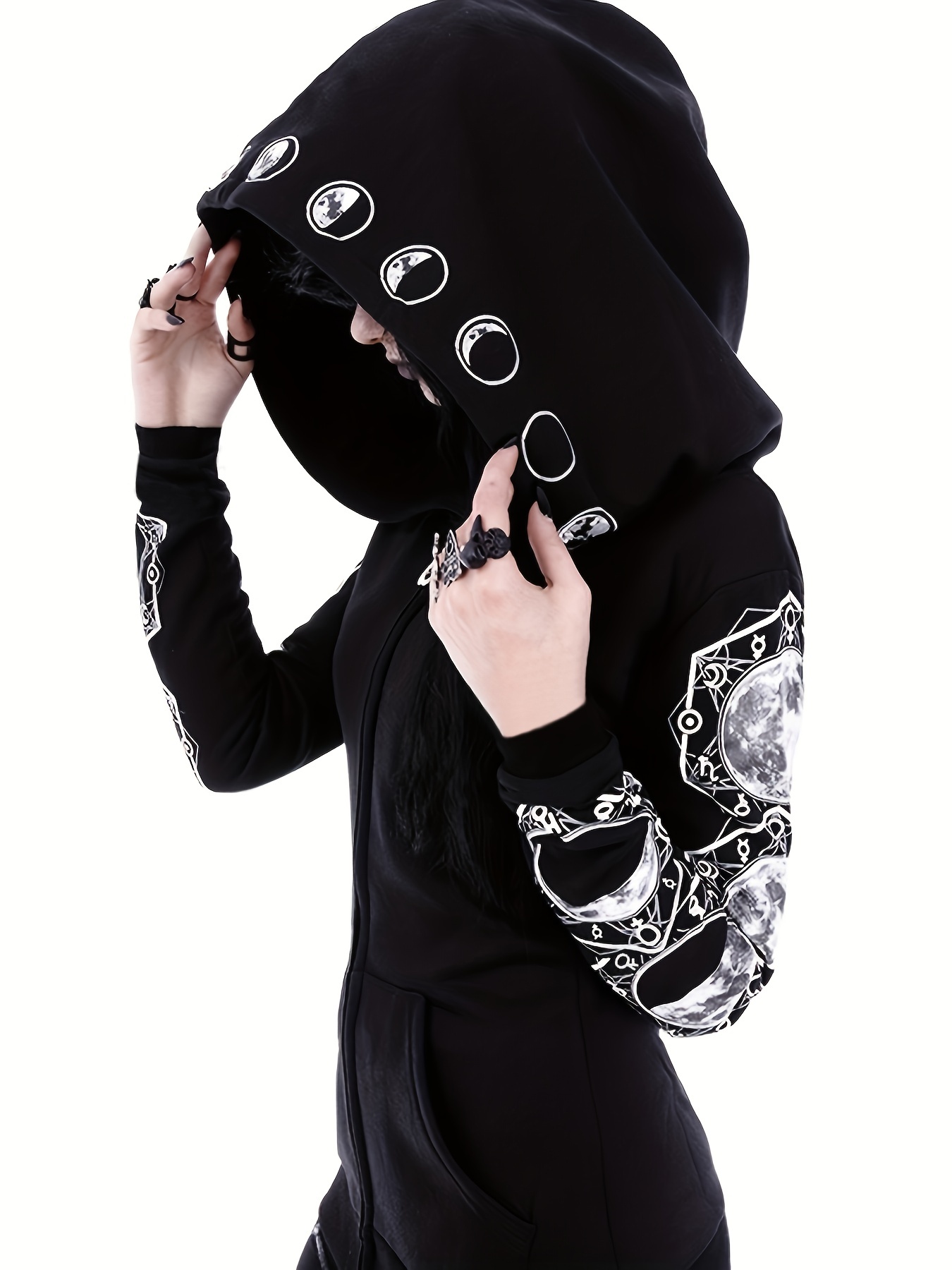 Loose Gothic Punk Long Sleeve Hooded Black Sweatshirt Solid - Temu