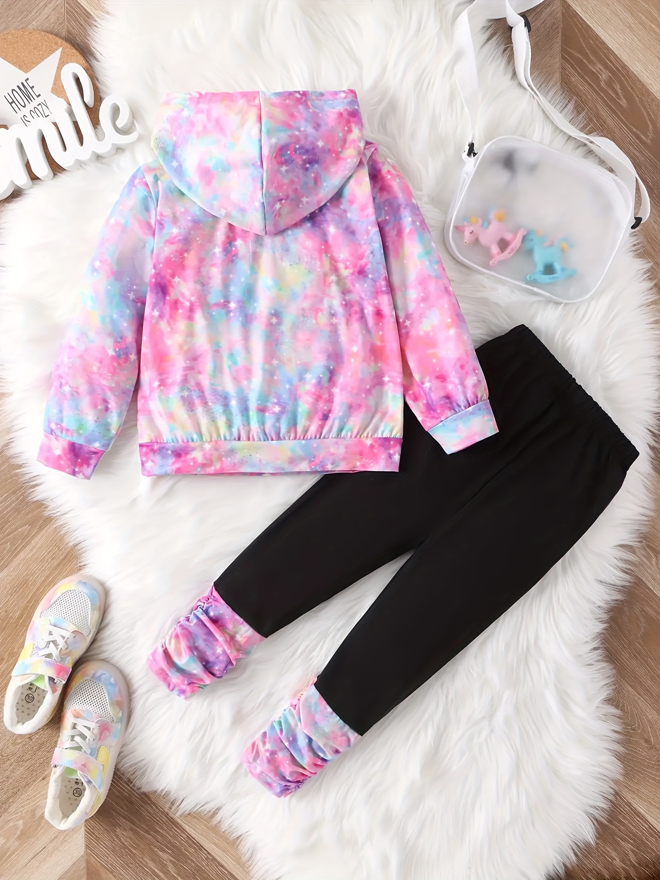 2pcs Kid Girl Colorful Unicorn Star Print Hooded Sweatshirt and Tie Dyed Leggings Set