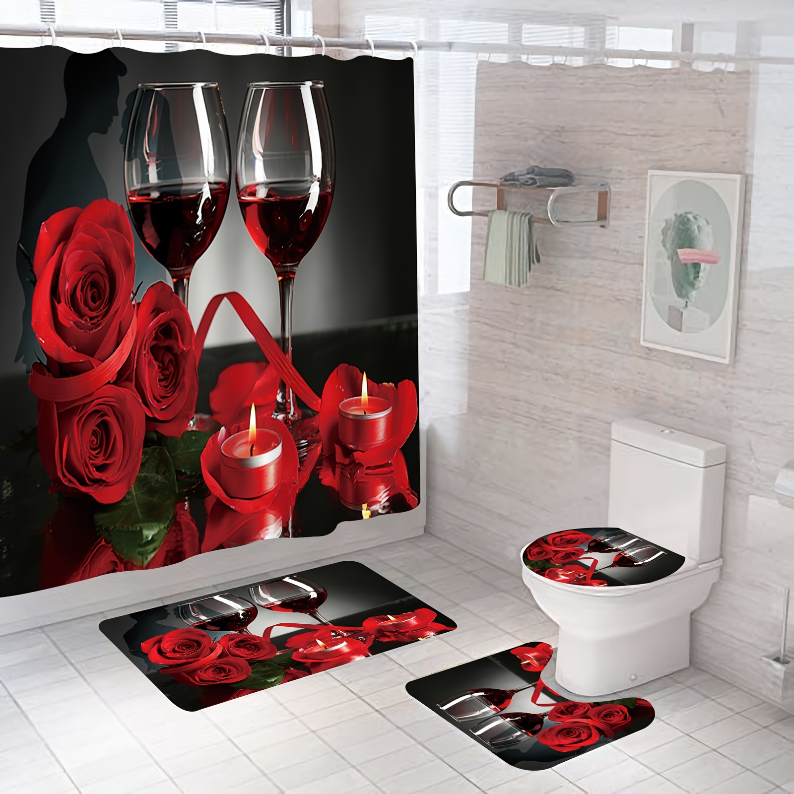 Juego 4 Cortinas Ducha Rosas Rojas Decoración Baño - Temu