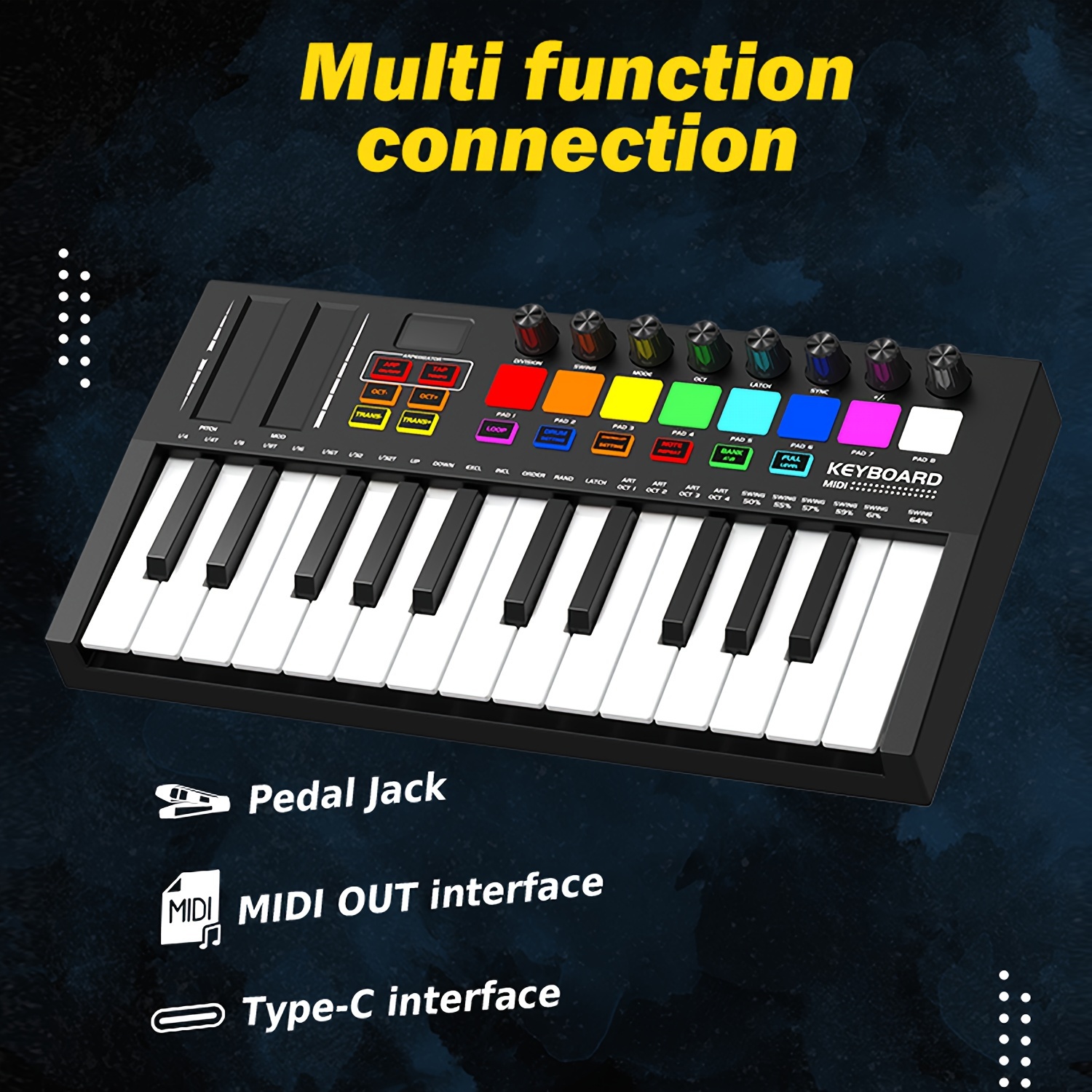 Contrôleur de Clavier MIDI à 25 Touches, avec écran OLED, ARPégiateur ARP  Indépendant, Pads de Percussion Colorés MPC, pour Studio et Scène :  : Instruments de musique et Sono