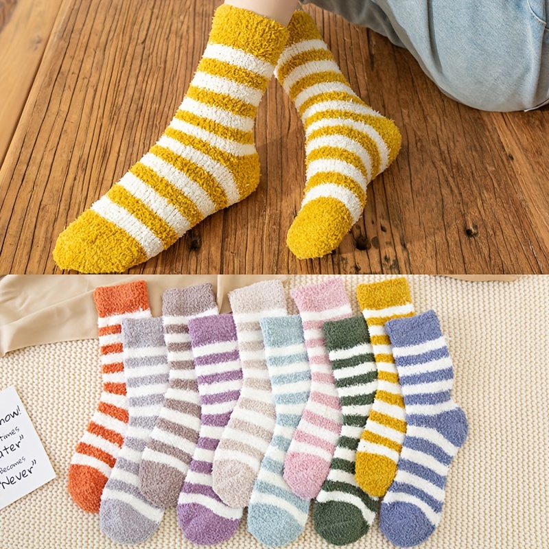 5 Pairs Striped Fuzzy Socks, Comfy & Warm Mid Tube Socks, Women's Stockings  & Hosiery