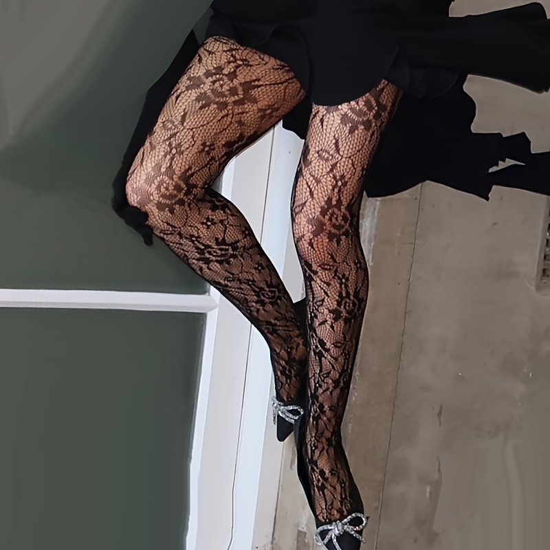 Women's Fishnet Floral Patterned Tights High Waisted - Temu Canada
