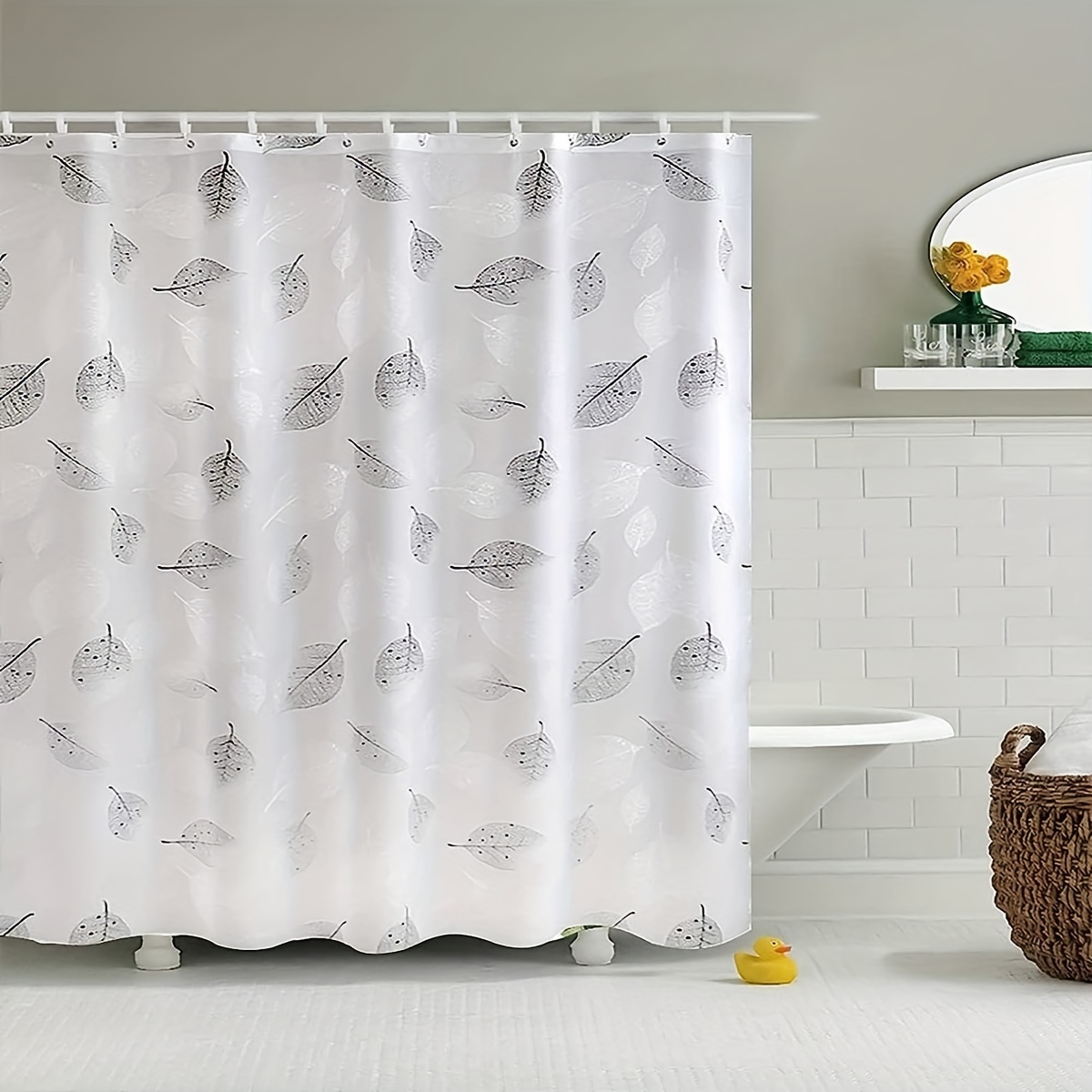 1pc White Gray Leaf Shower Curtain, PEVA Bathroom Plastic Shower Curtain,  Waterproof Decorative Farmhouse Shower Curtain Set With 12 Plastic Hooks, 70