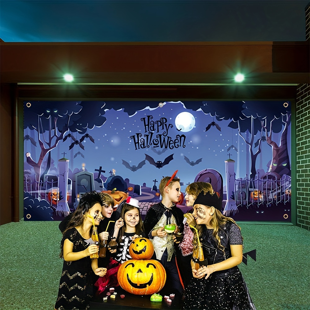 1pcs happy halloween garage banner 157in 71in 400cm 180cm scary graveyard pumpkin pattern garage door decoration polyester with holes with rope hanging cloth mural door decoration for indoor outdoor yard holiday party backdrop arrangement details 4