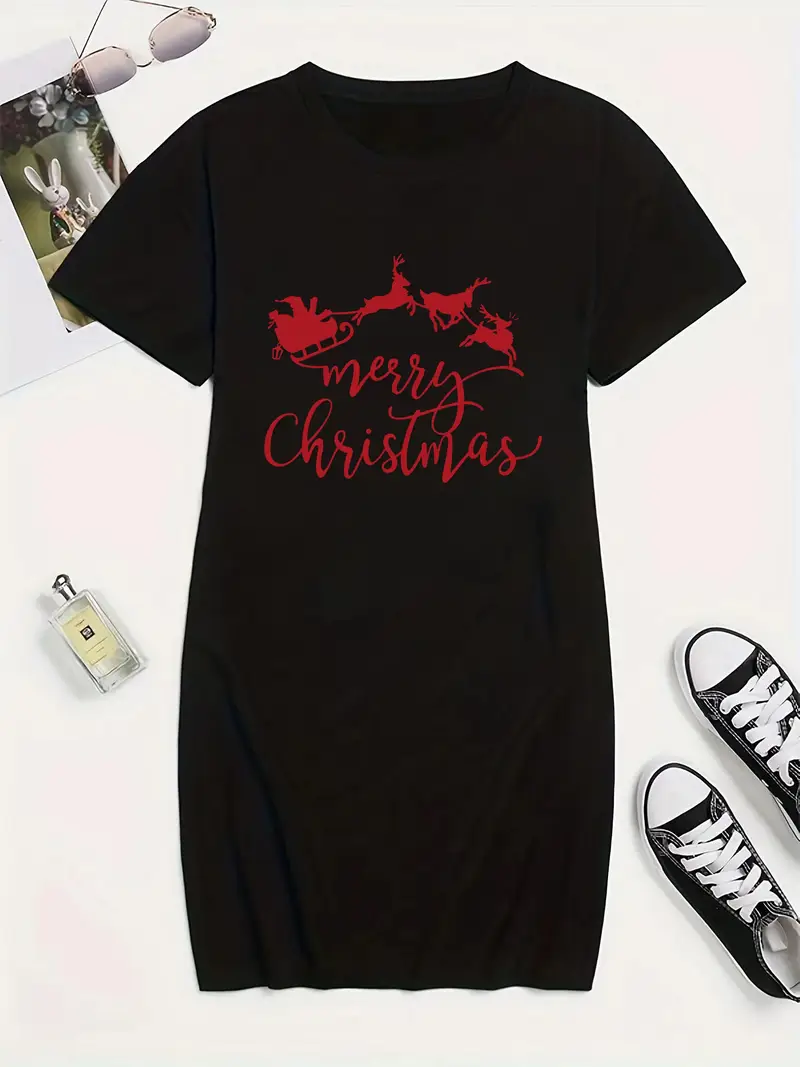 christmas t shirt dresses Women's Christmas Mini T-Shirt Dress Sequin Christmas Tree Short Sleeve Round Neck Loose Short Dress (Burgundy, S) at Amazon Women's Clothing store