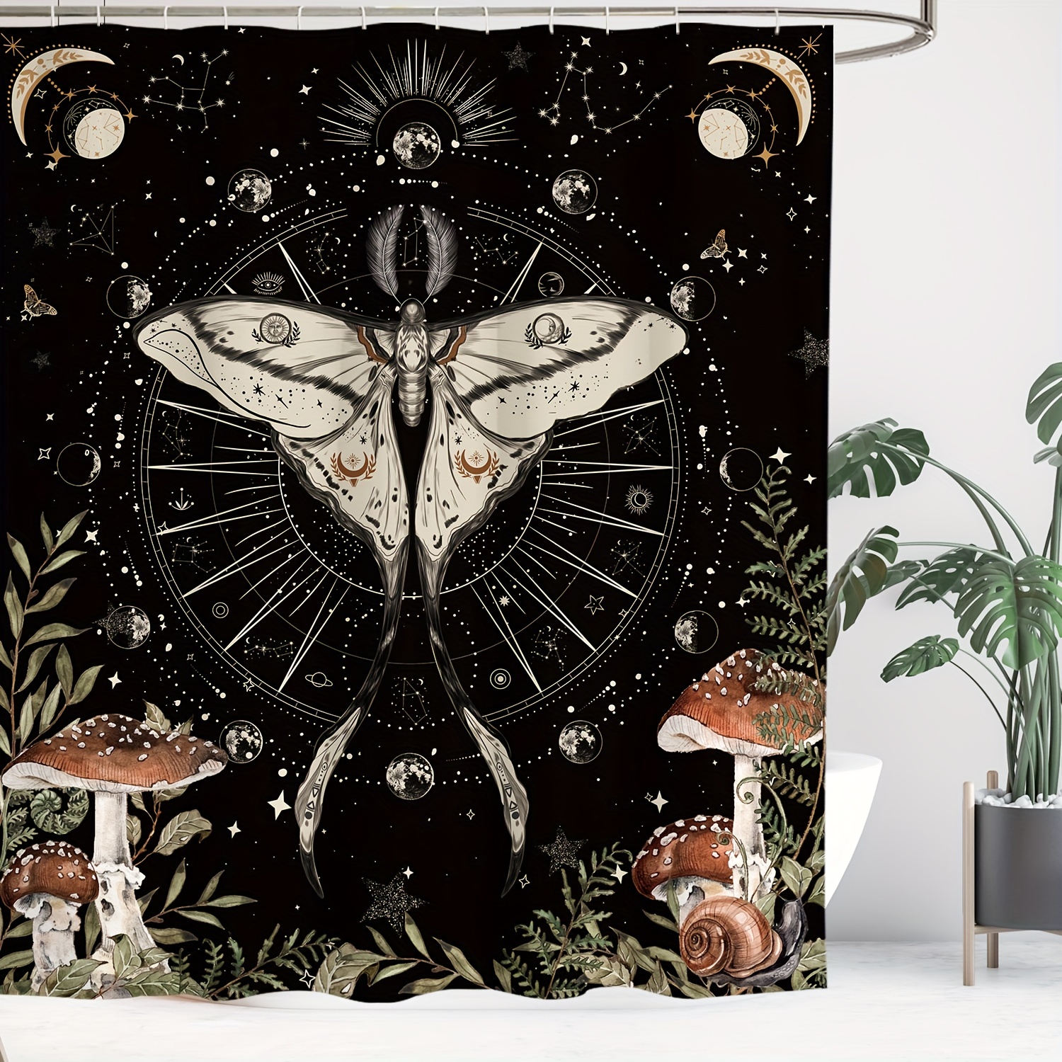 Butterfly Moon Pattern Shower Curtain with Hooks