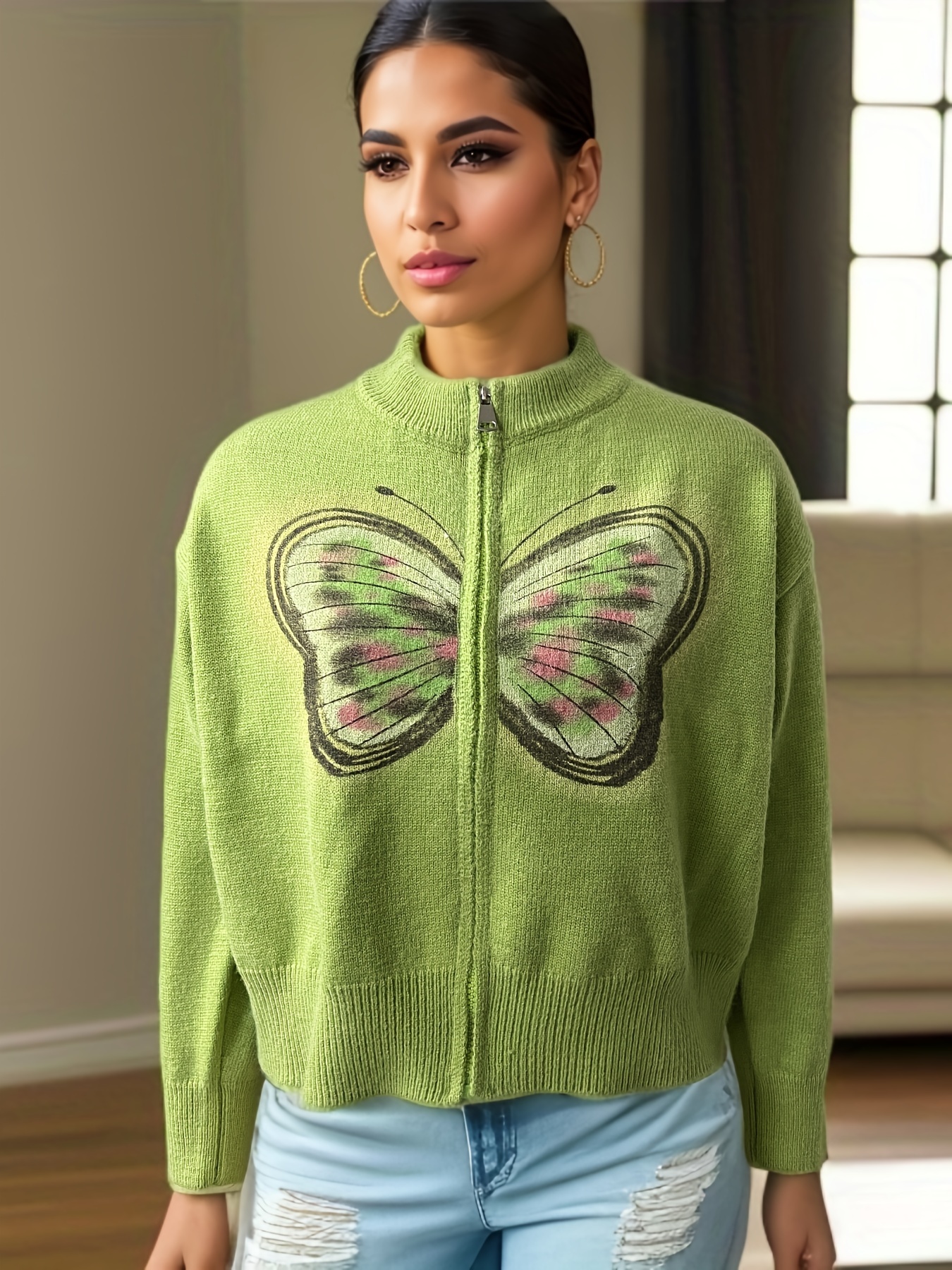 Green Knit Zip-Up Sweater