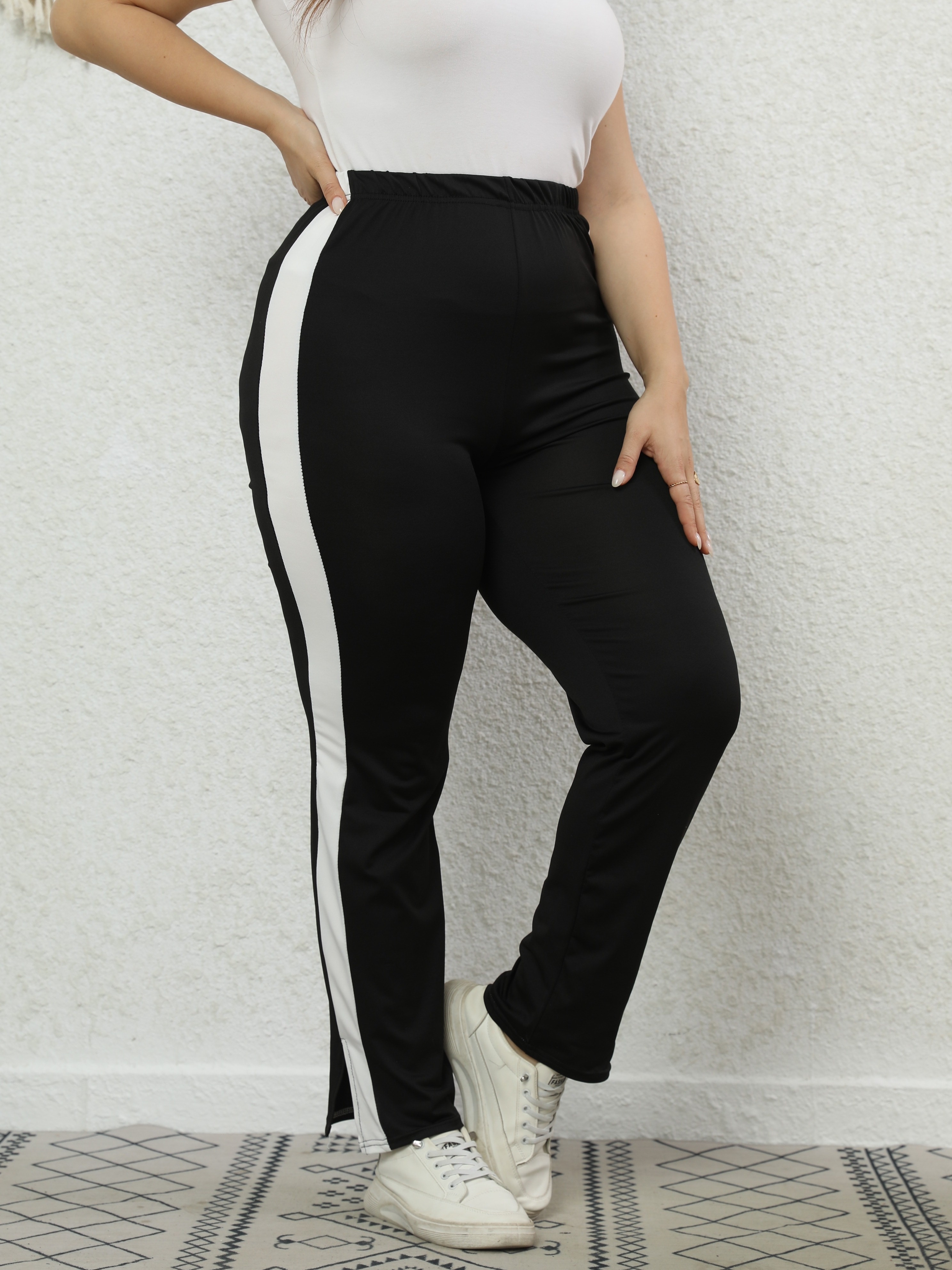 Plus Size Side Strip Split Hem Slim Fit Pants, Women's Plus Slight Stretch  High Waist Workout Pants