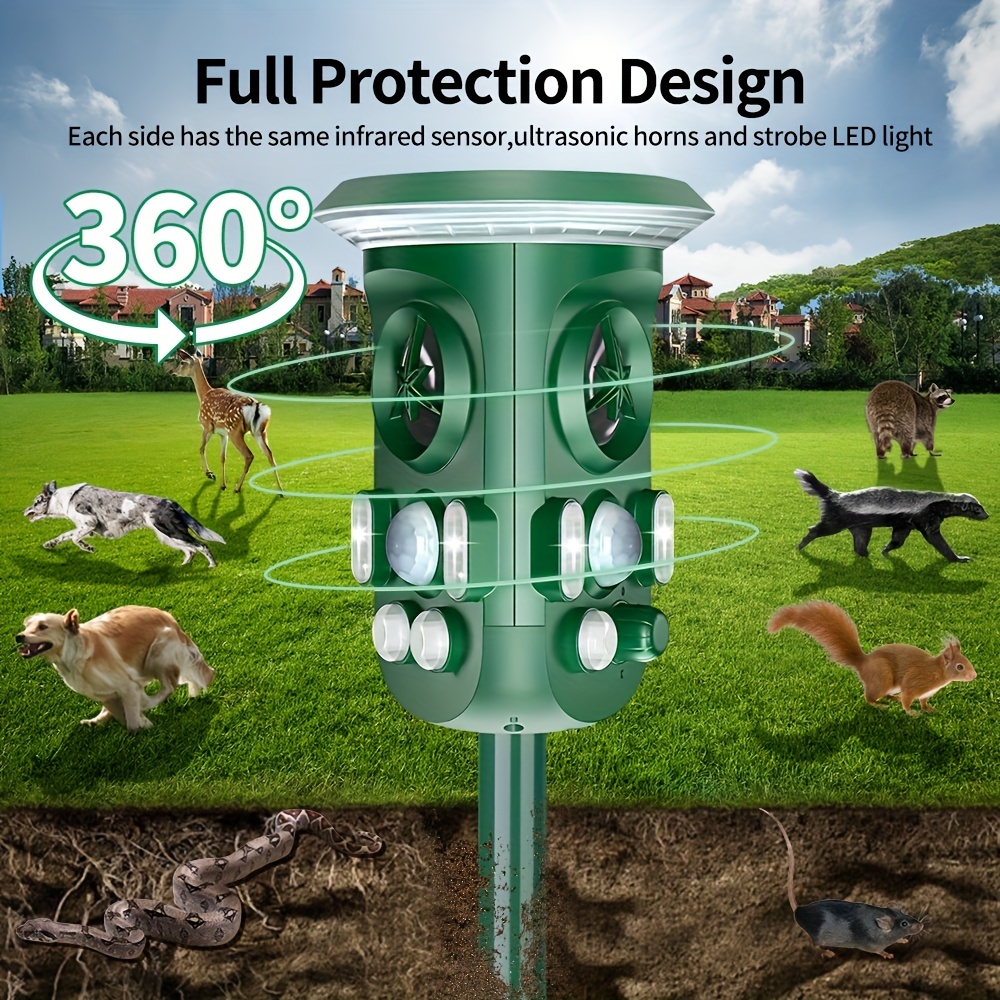 Outdoor Animal Repeller, 360 Ultrasonic Solar Animal Repeller, Animal Deterrent  Rodent Repeller With 3-side Motion Activated Flashing Lights,solar Pow