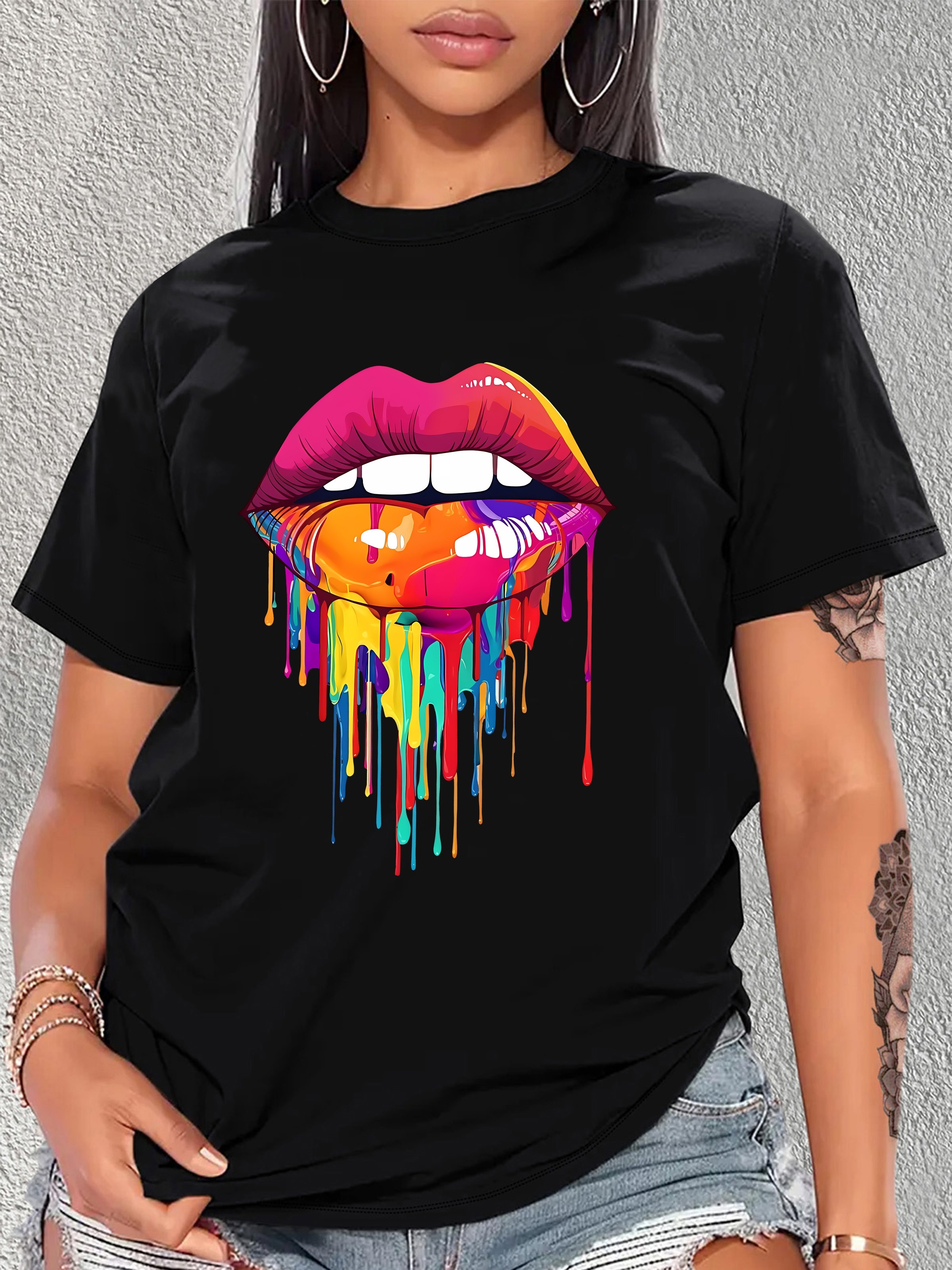 colorful lips print t shirt crew neck short sleeve t shirt