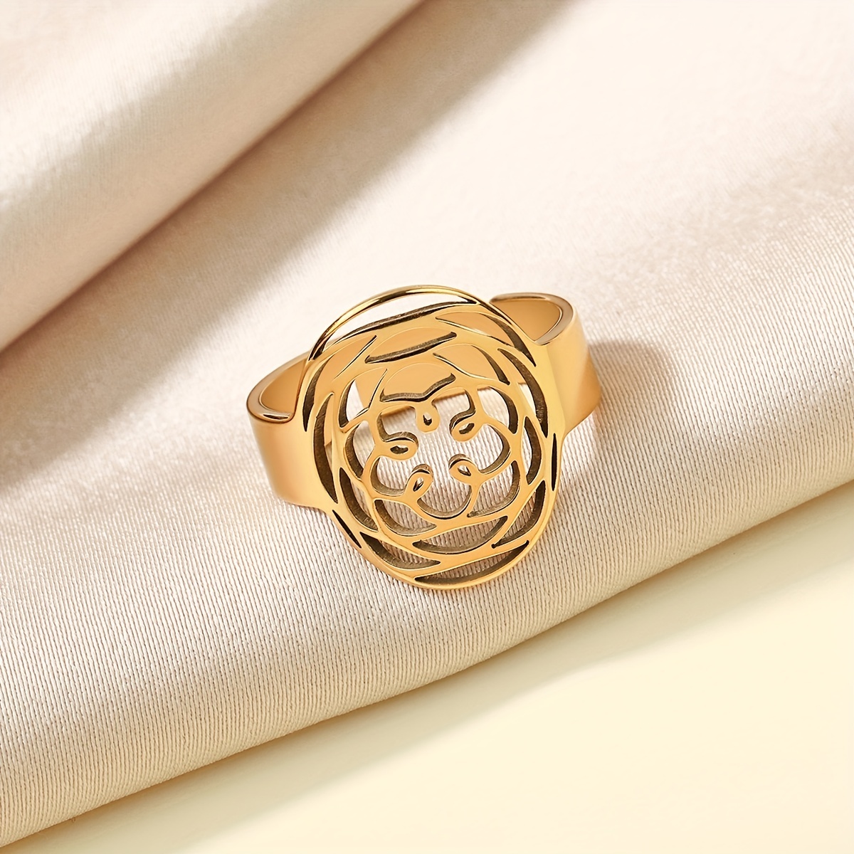 Golden Stainless Steel Rose Pattern Ring for Men