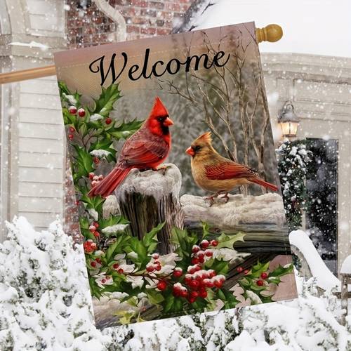 1pc home decorative merry christmas garden flag welcome winter double sided rustic quote red birds house yard flag for xmas outside new year holly berry vintage outdoor decorations 12x18