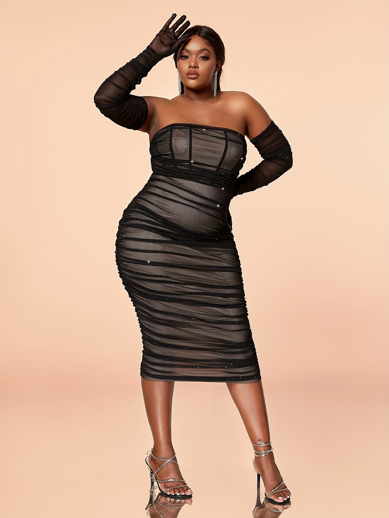 Plus Size Sexy Dress Women's Plus Solid Mesh Fishbone Shinny - Temu