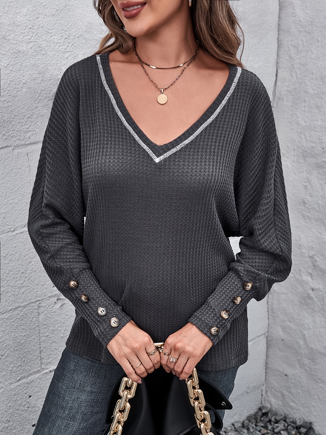 Solid V-neck Fake Buttons Long Sleeve T-shirt, Casual Autumn & Winter  Stylish T-shirt, Women's Clothing