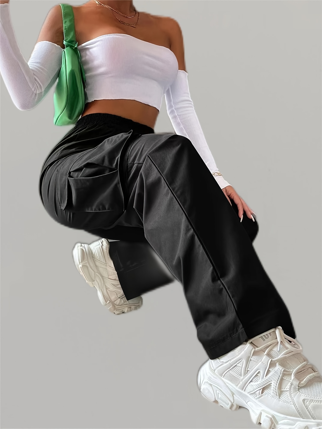 solid elastic waist pants casual long length wide leg cargo pants with pockets womens clothing