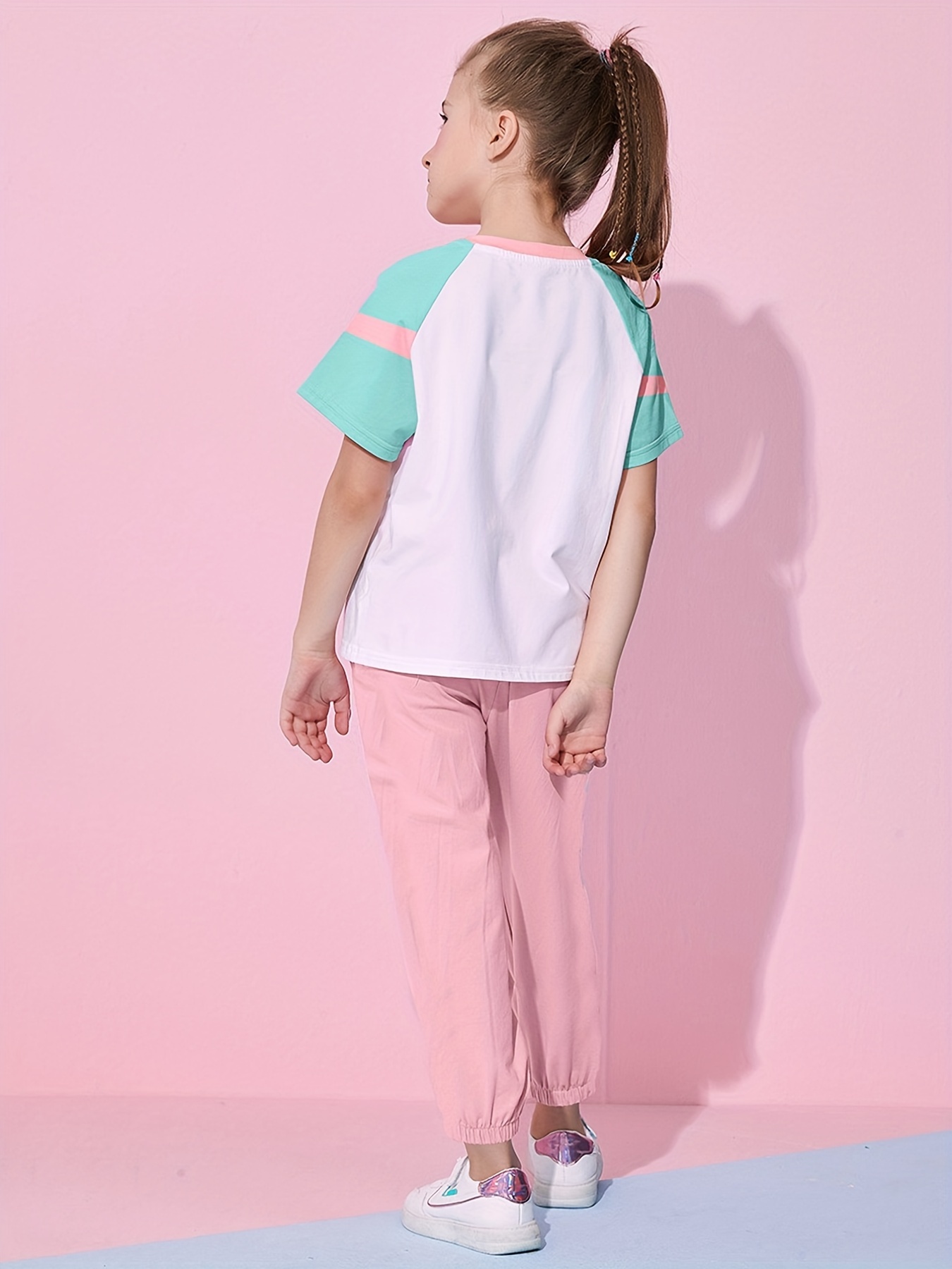 Girl's Color Clash T shirt Pants Set Letter Print Casual - Temu