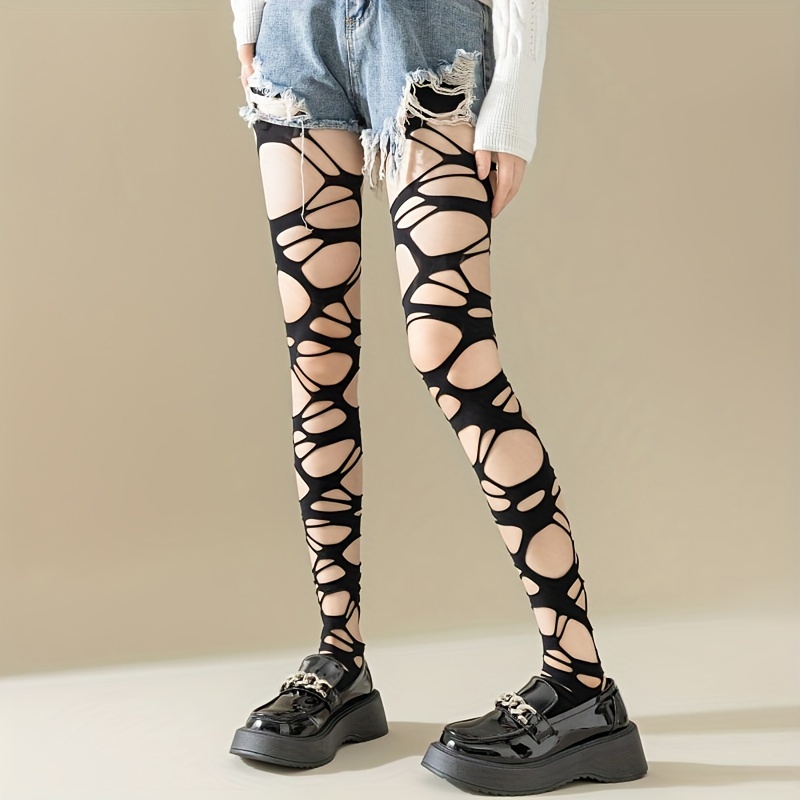 Womens Sexy Perspective Thin Pantyhose Criss Cross Bandage Chain Pattern  Printed