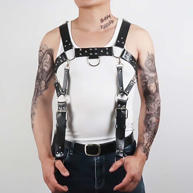 Buy Men's Leather Body Chest Harness Belt Adjustable Buckles Ring