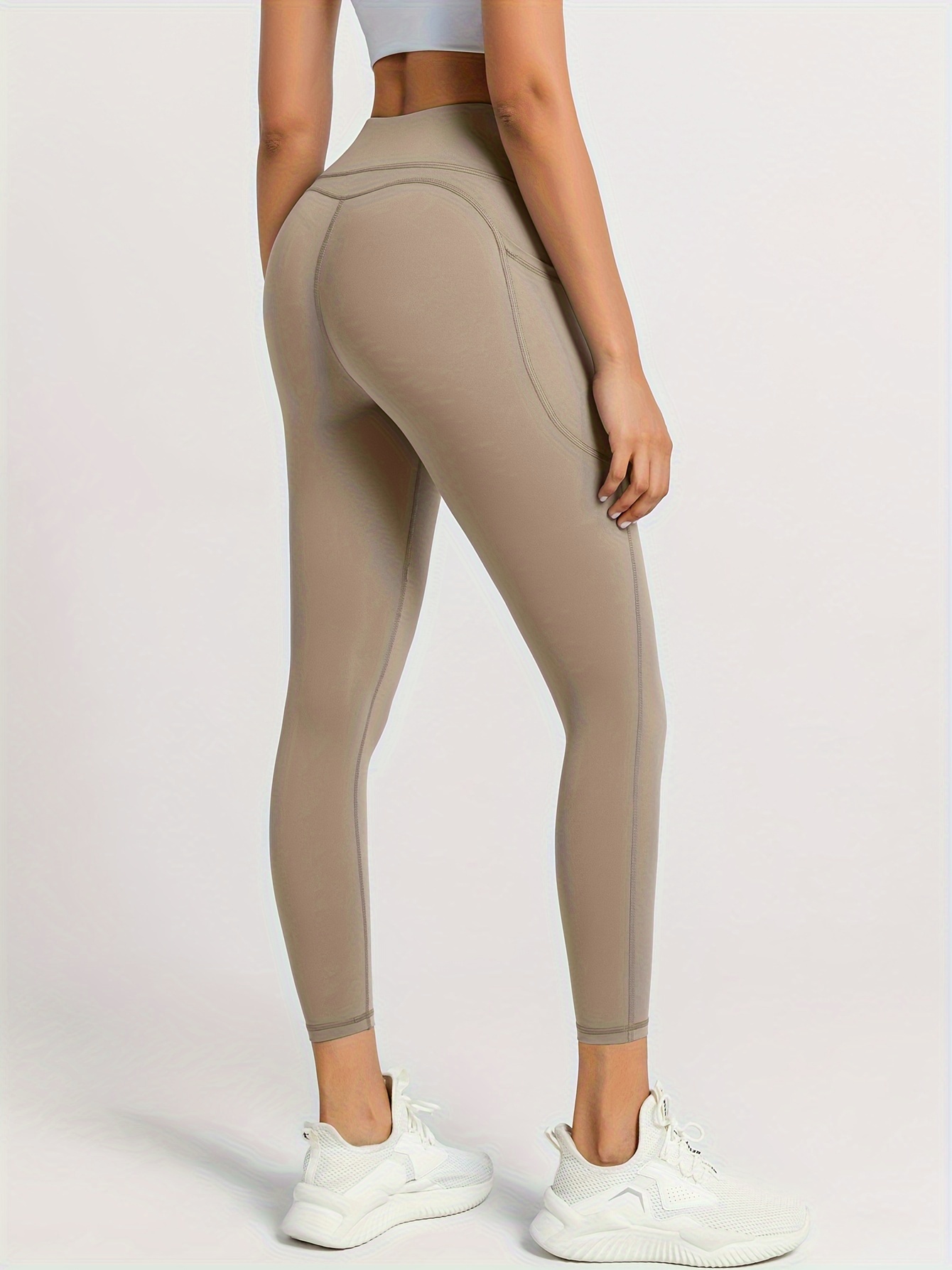 Solid Color Quick Drying High Stretch Sports Leggings Pocket - Temu