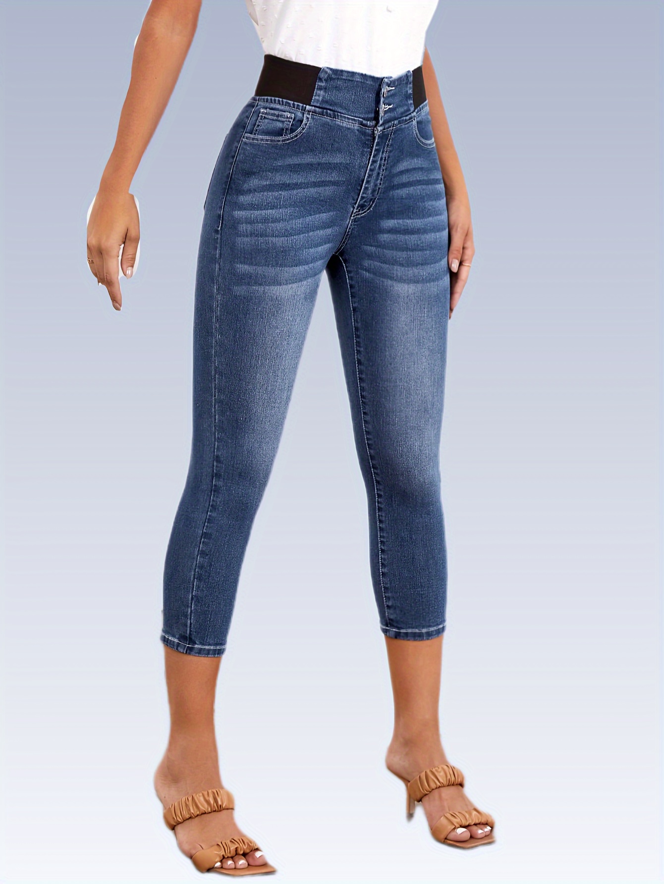Slant Pocket Slim Fitted Capris Pants, Plicated Pattern High Stretch Casual  Denim Pants, Women's Denim Jeans & Clothing