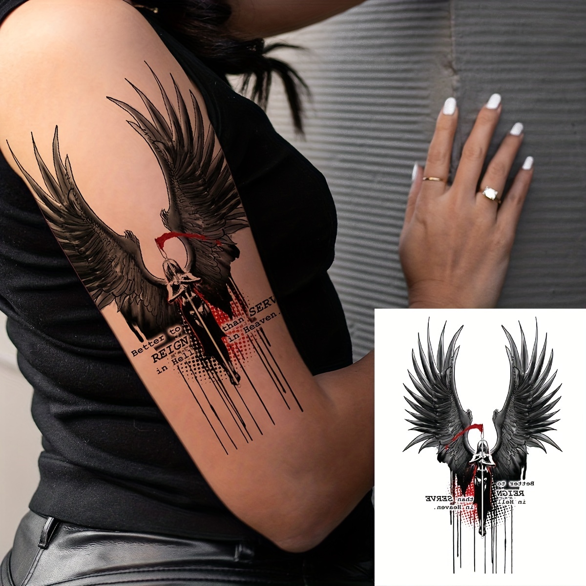 Half Back Temporary Tattoos Black Angel Wing Sword Chest Waterproof Fake  Sticker