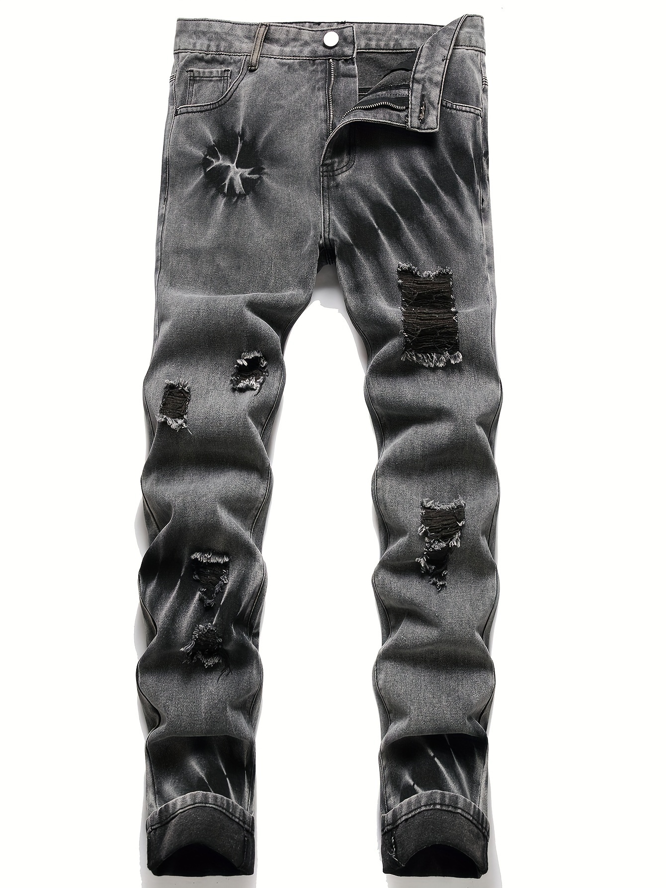 Creative Straight Leg Ripped Jeans Men's Casual Street Style