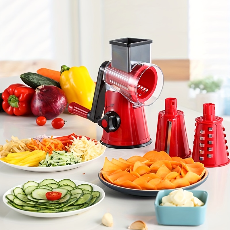 Rotary Cheese Grater with 3 Interchangeable Blades Drum Vegetables Cutter  Chopper with Suction Cup Base Mandoline Kitchen Accessories 
