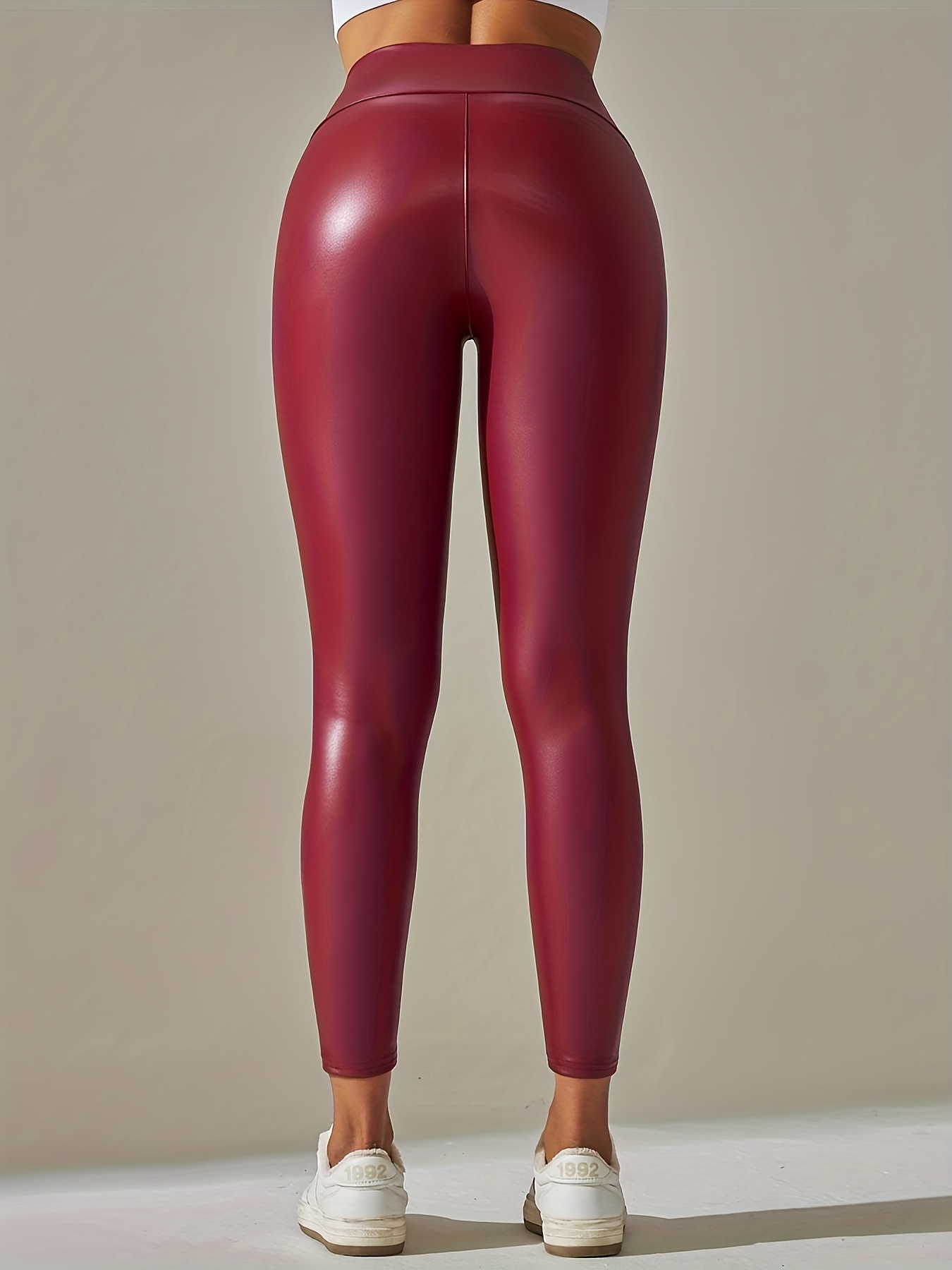 Pantalones Ajustados Cuero Sintético Sólido Leggings - Temu