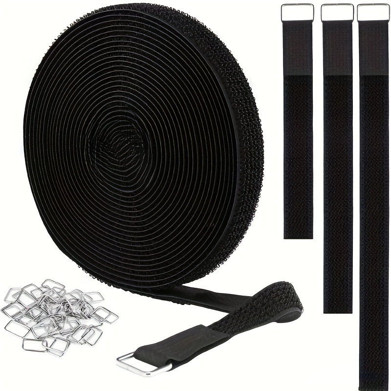 Black Hook And Loop Velcro Strip Tie Fastener W/ Buckle, 8 Inch
