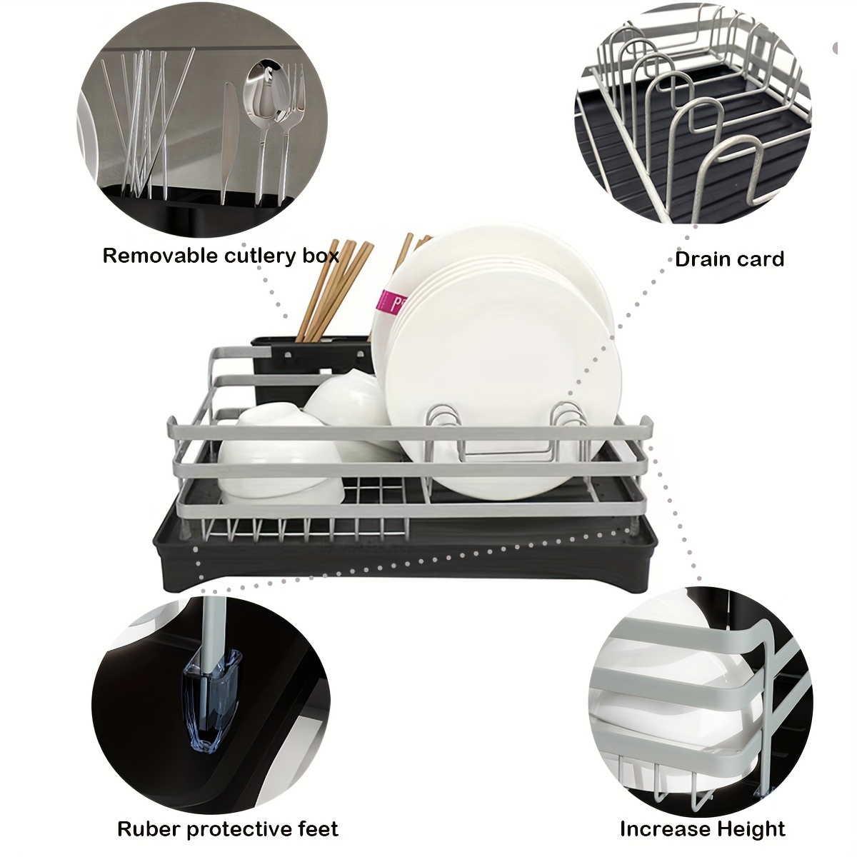 1pc Durable Carbon Steel Dish Drying Rack with Cutlery Holder