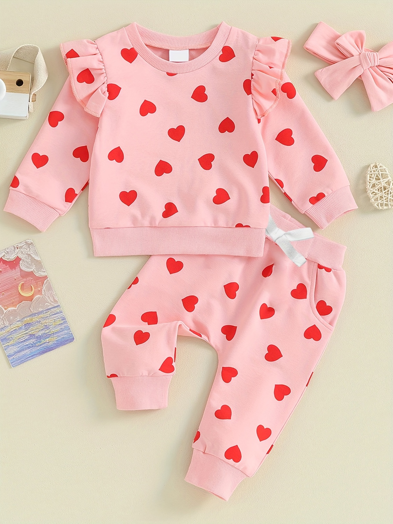 Conjunto de ropa para el día de San Valentín con diseño de corazón y manga  larga, 2 piezas para niñas y niñas pequeñas, para el día de San Valentín