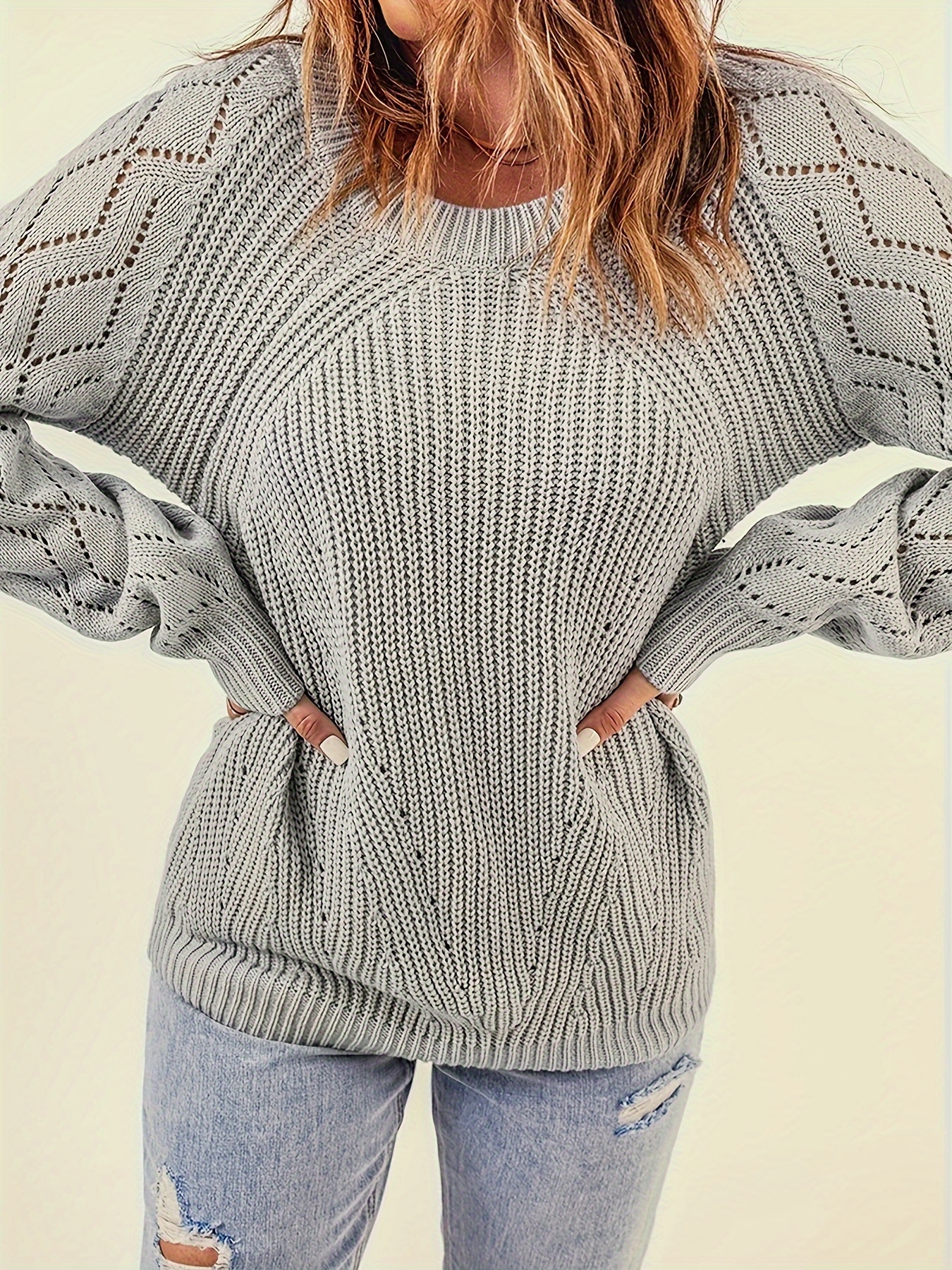 Pointelle Knit Crew Neck Sweater Casual Long Sleeve Sweater - Temu