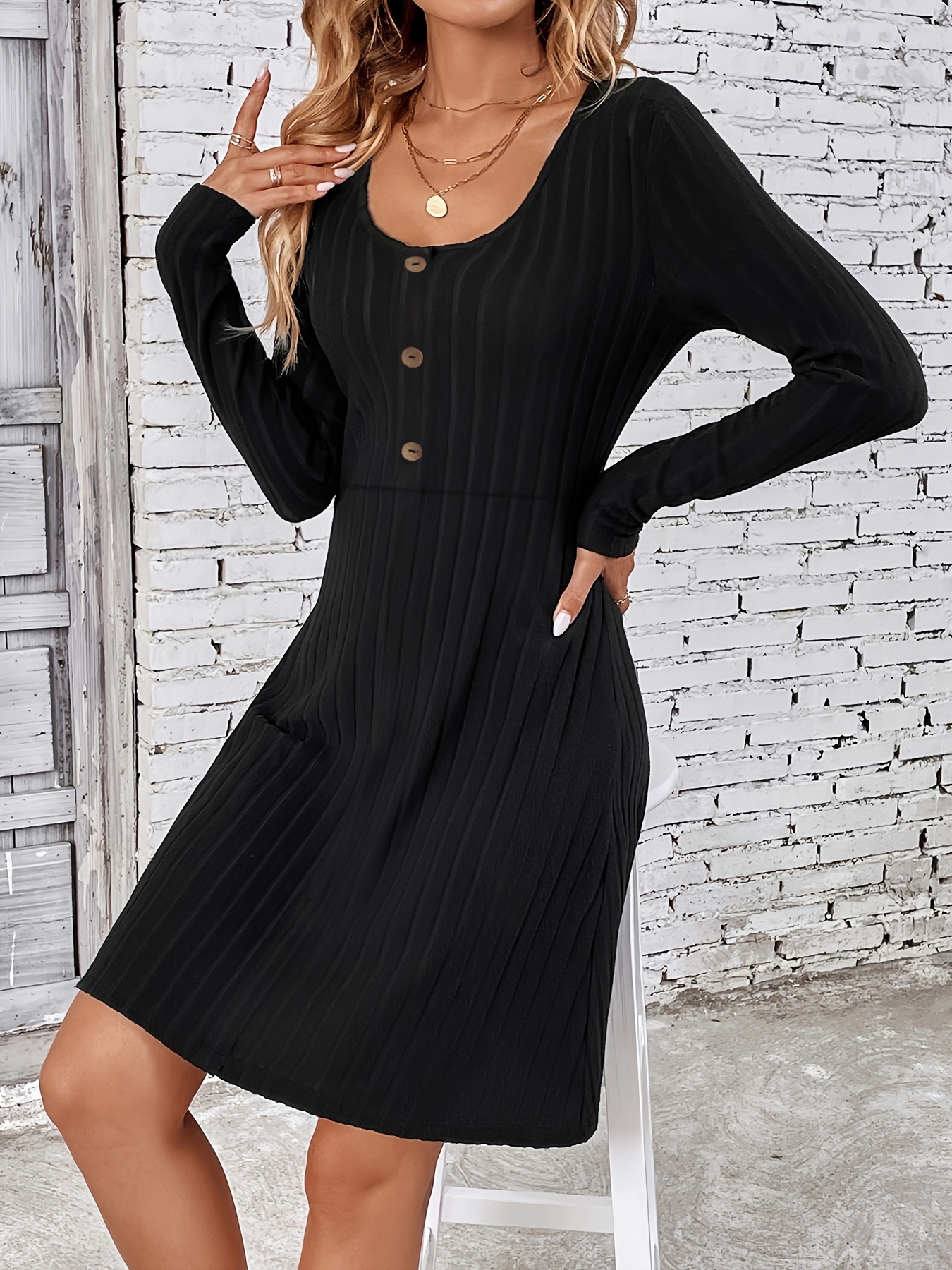 solid button decor slim dress elegant crew neck long sleeve dress for spring fall womens clothing
